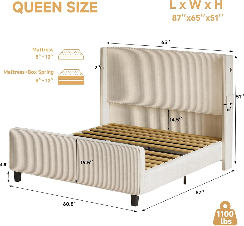 Queen Size Bed Frame with Headboard, Upholstered Platform Bed with Tall Wingback Headboard & Footboard, Corduroy Bed Frames with USB Ports, Easy Assembly, Beige