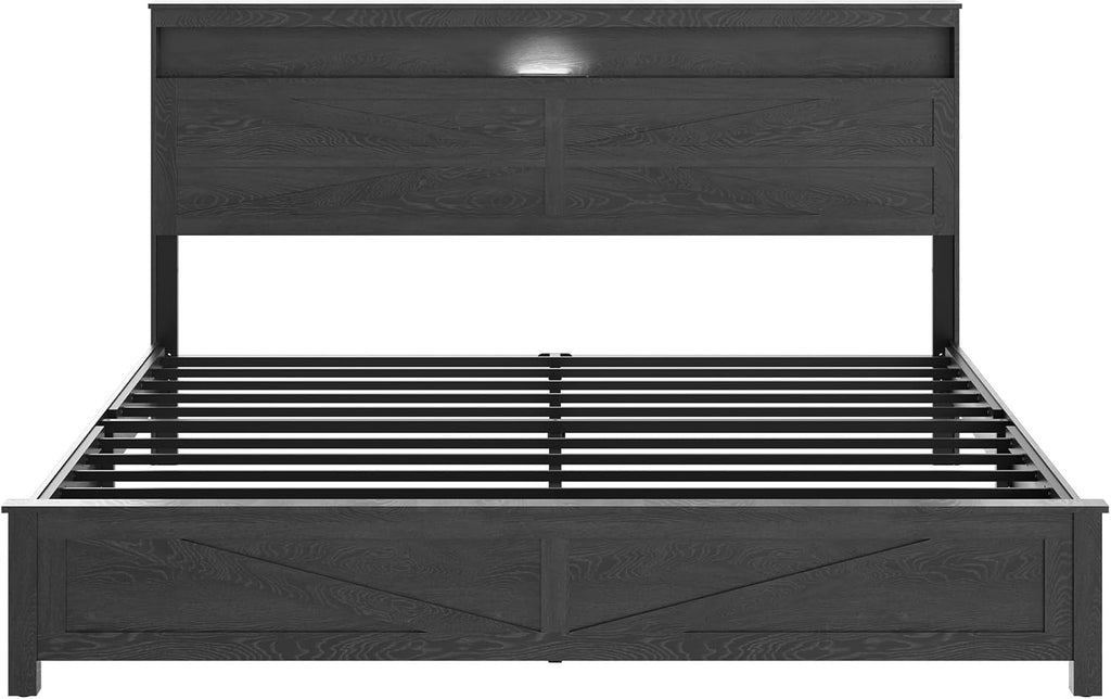 Farmhouse Wooden Bed Frame King Size with Storage Headboard, Boho Platform Bedframe with LED Lights and Charging Station, Metal Slats Support, No Box Spring Needed, Rustic Black