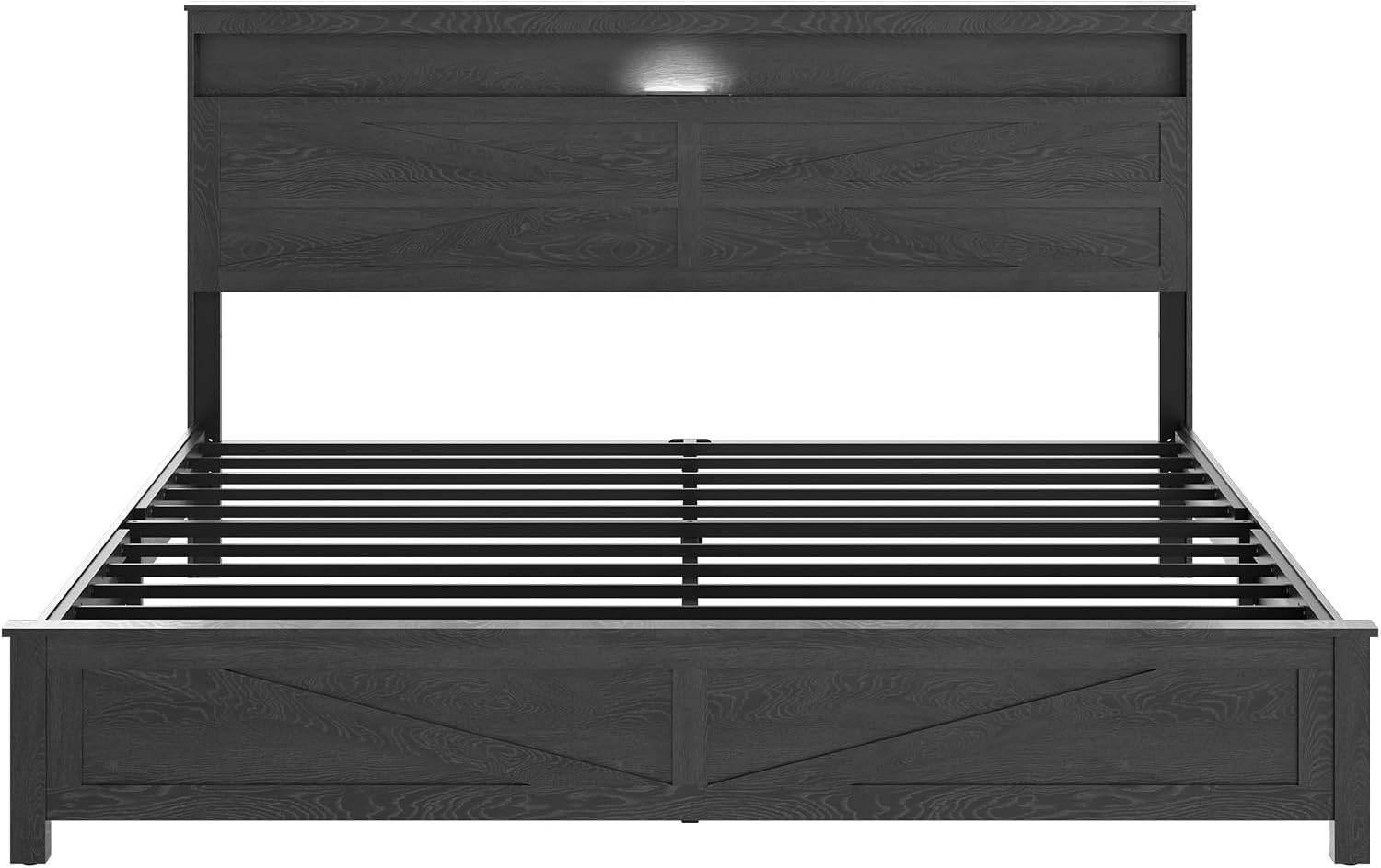 Farmhouse Wooden Bed Frame King Size with Storage Headboard, Boho Platform Bedframe with LED Lights and Charging Station, Metal Slats Support, No Box Spring Needed, Rustic Black