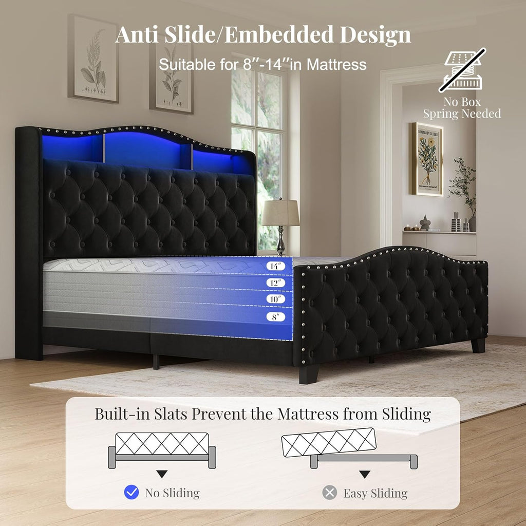 Belffin Queen Size Bed Frame and Headboard, 50.9' Velvet Upholstered Wingback Bedframe with LED Lights & Storage/Charging Station, Button Tufted Tall Footboard, No Box Spring Needed, Noise-Free, Black