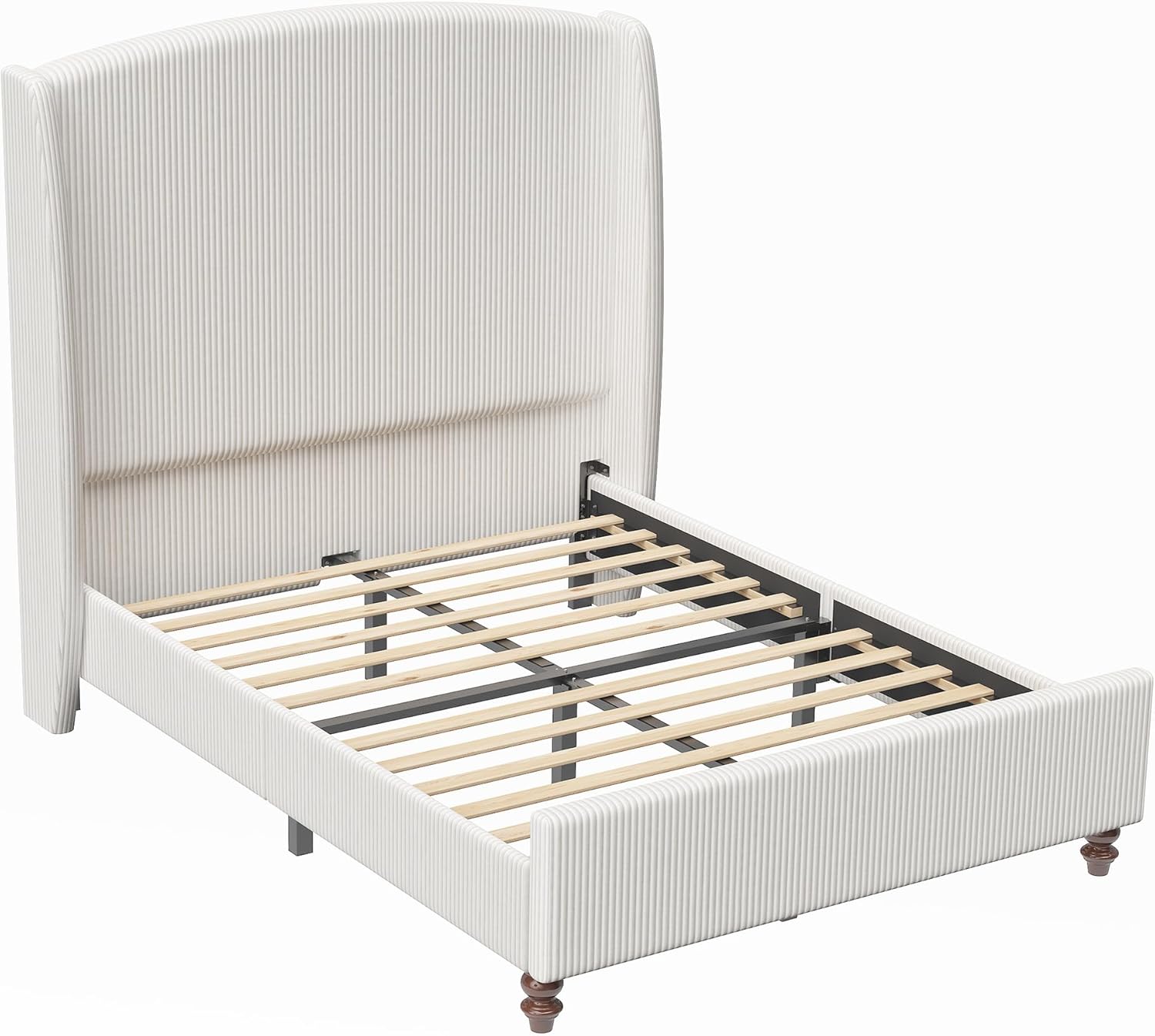 65.7' Tall Headboard Queen Size Upholstered Bed Frame with Wingback, Soft Washable Corduroy Beds Cover, Solid Wood Legs, Noise-Free, No Box Spring Needed, Cream