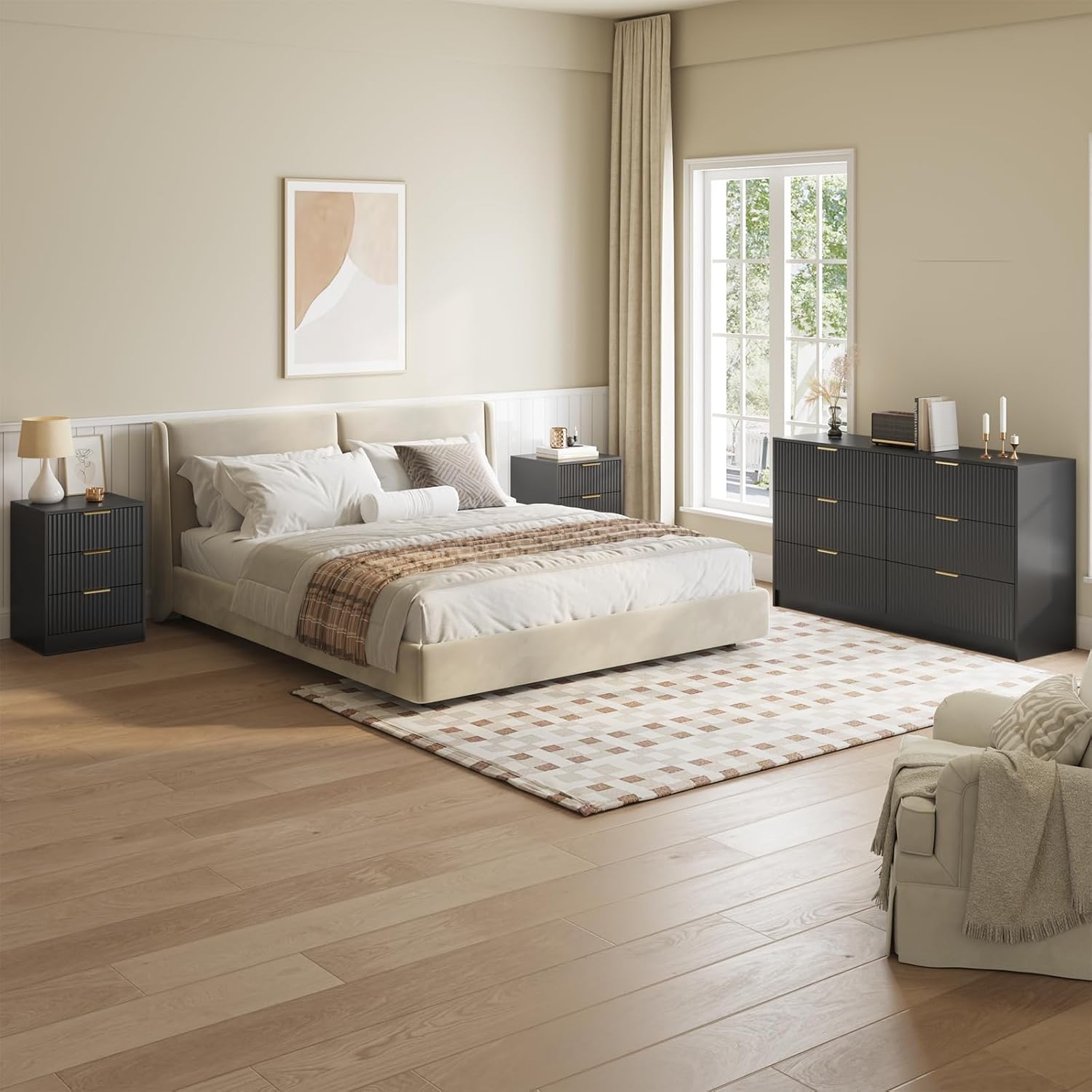 Black Fluted Dresser & Nightstand Set 3-Piece, Long 6 Drawer Dresser and Night Stand Set of 2 with Metal Handle, Fluted Modern Wood Chest of Drawers Storage Dressers Set for Bedroom, Black