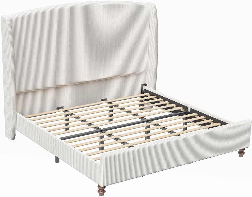 65.7' Tall Headboard California King Size Upholstered Bed Frame with Wingback, Soft Washable Corduroy Beds Cover, Solid Wood Legs, Noise-Free, No Box Spring Needed, Cream