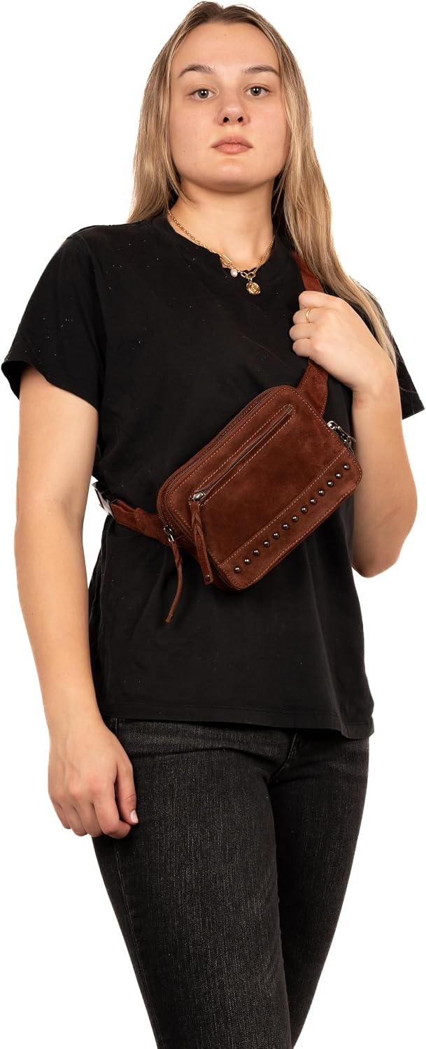 Kailey Concealed Self Defence Waist Bag by Lady Conceal - Buffalo or Suede Cowhide Leather, 3 Open Sides and YKK Locking Zippers with Universal Holster (Dark Brown) - 8' L x 5.5' H x 2.25'