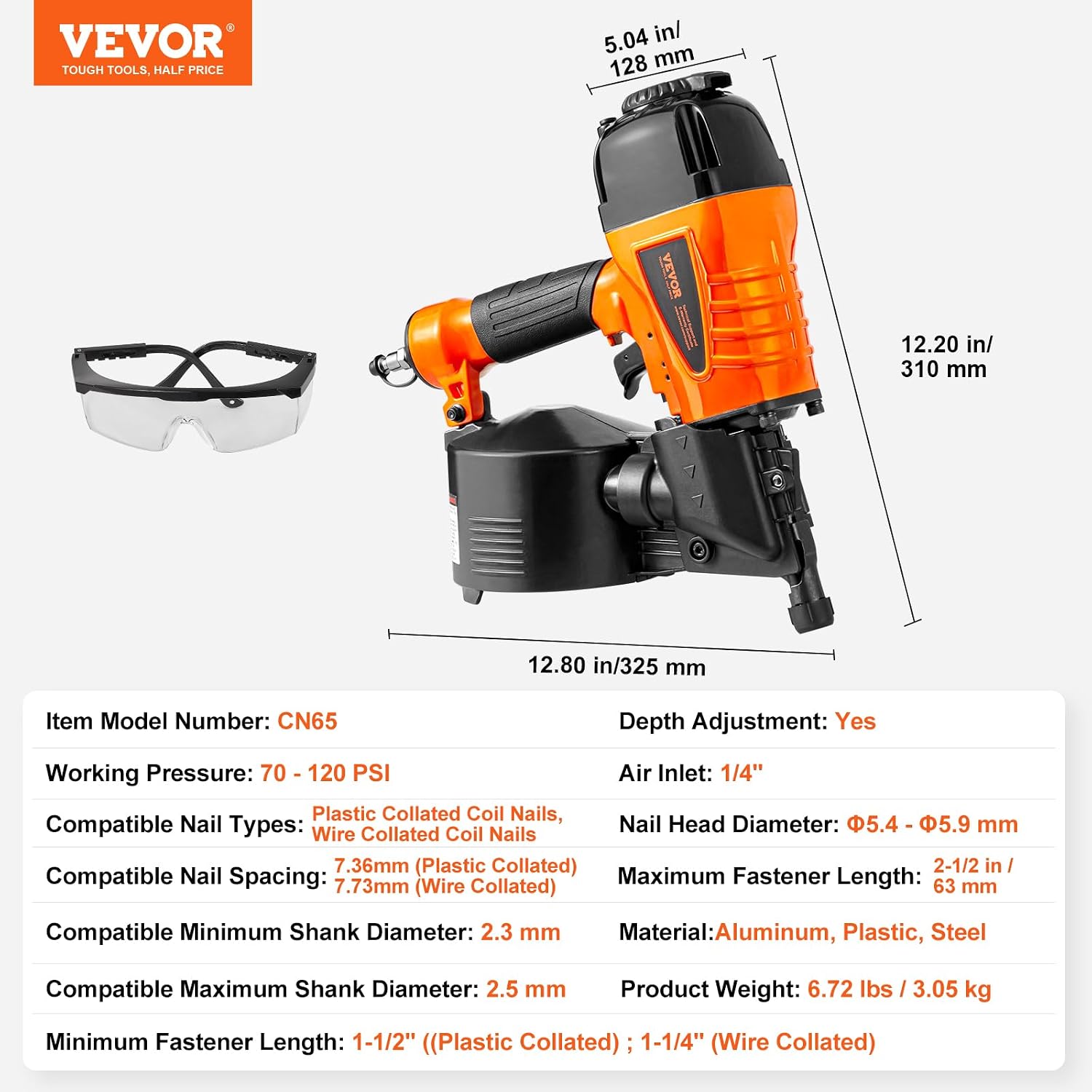 VEVOR Coil Siding Nailer CN65, 1-1/4' to 2-1/2' 15 Degree Pneumatic Siding Nail Gun with Tool-Less Depth Adjustment, 70-120PSI Air Coil Nailer for Siding, Pallet Sheathing, Wooding, Fencing, Decking