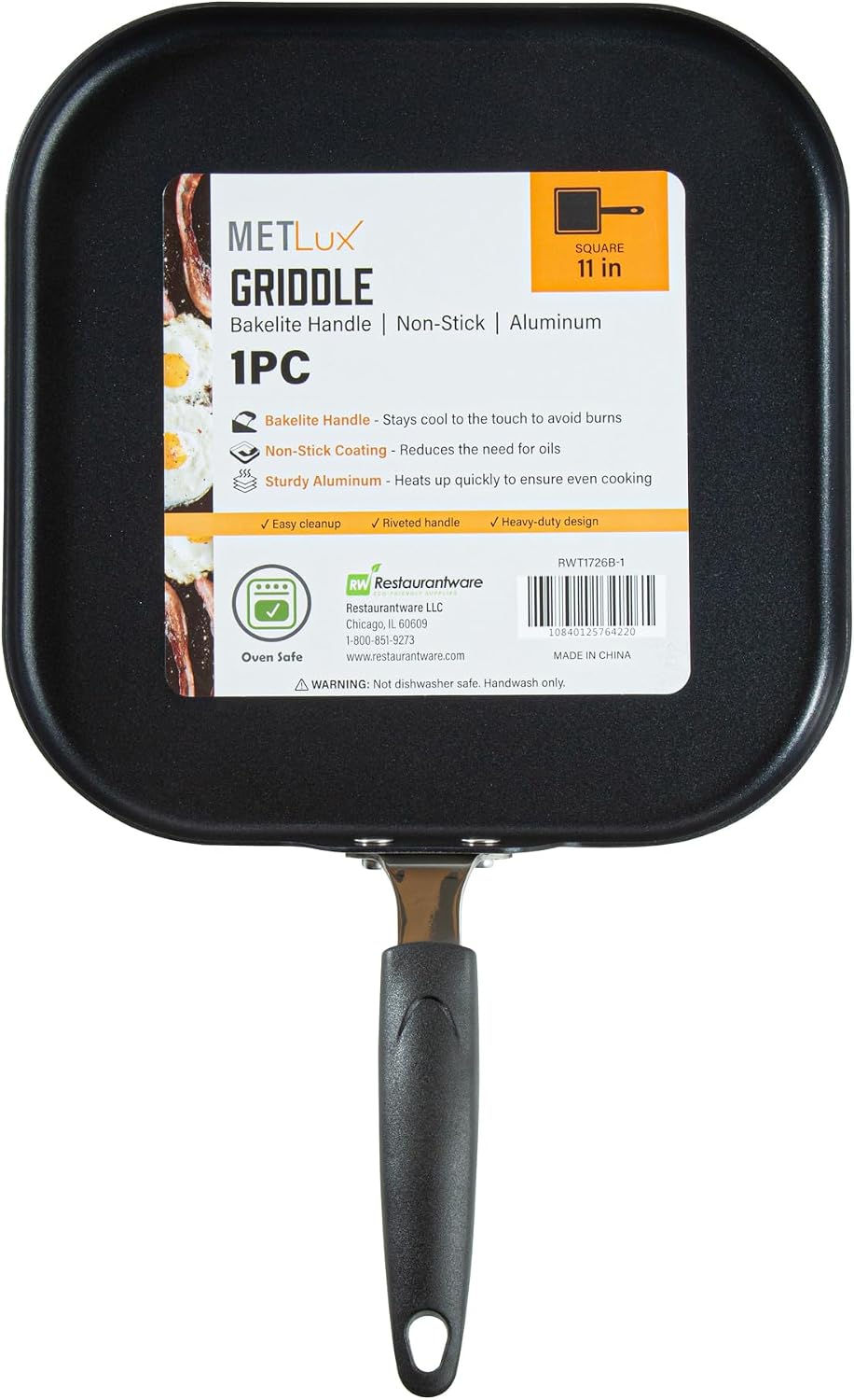 Restaurantware Nonstick Griddle Pan - 10 Count 11 x 11 Inch Aluminum Nonstick Frying Griddle With Bakelite Handle - Square Frying Pan With Even Heating - Black Cooking Surface For Home Kitchens