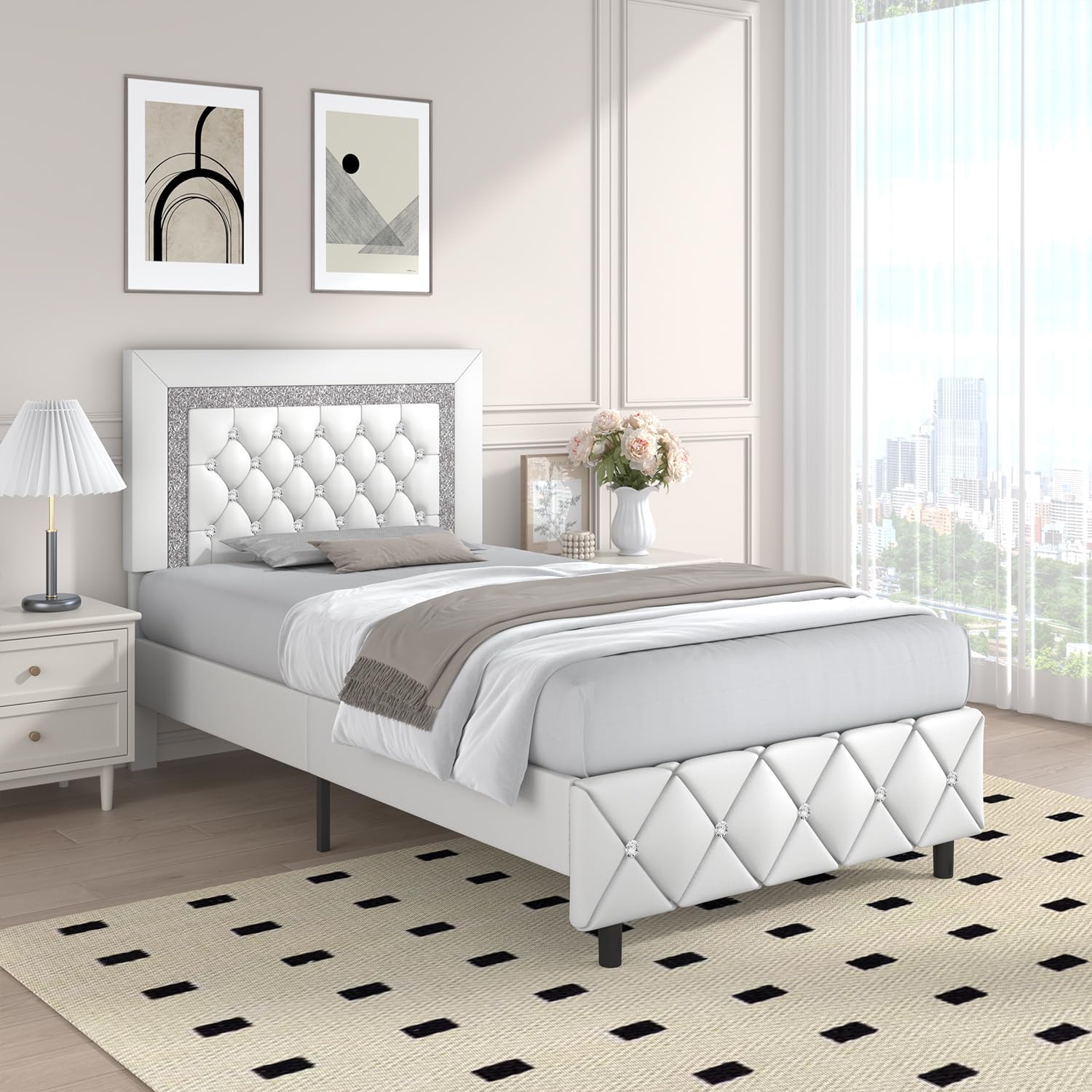 Twin Bed Frame, Faux Leather Platform Bed with Upholstered Diamond Headboard, Mattress Foundation with Strong Wooden Slats Support, No Box Spring Required, Easy Assembly, White