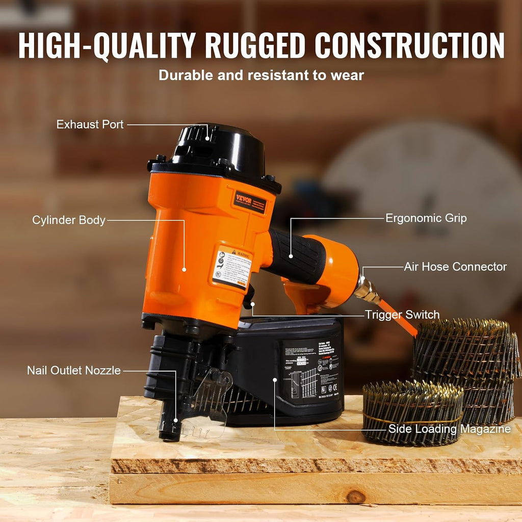 VEVOR Coil Siding Nailer MCN70, 1-3/4' to 2-3/4' 15 Degree Pneumatic Siding Nail Gun, 70-120PSI Air Coil Nailer for Pallet, Crating, Framing, Siding and Fencing