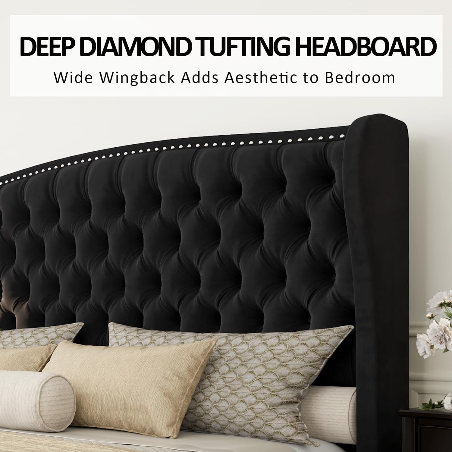 AMERLIFE King Size Platform Bed Frame, Velvet Upholstered Bed with Deep Button Tufted & Nailhead Trim Wingback Headboard/No Box Spring Needed/Black