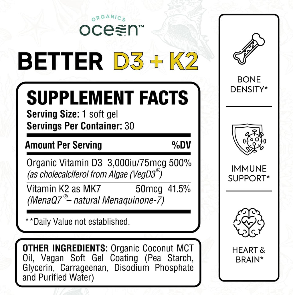 Organics Ocean Better D3 + K2-100% Organic VIT D3 and K2 Supplements with Maximum Bioavailability - Supports Bone Density, Calcium Balance, Immunity & Mood - 6-Pack, 180-Day Supply