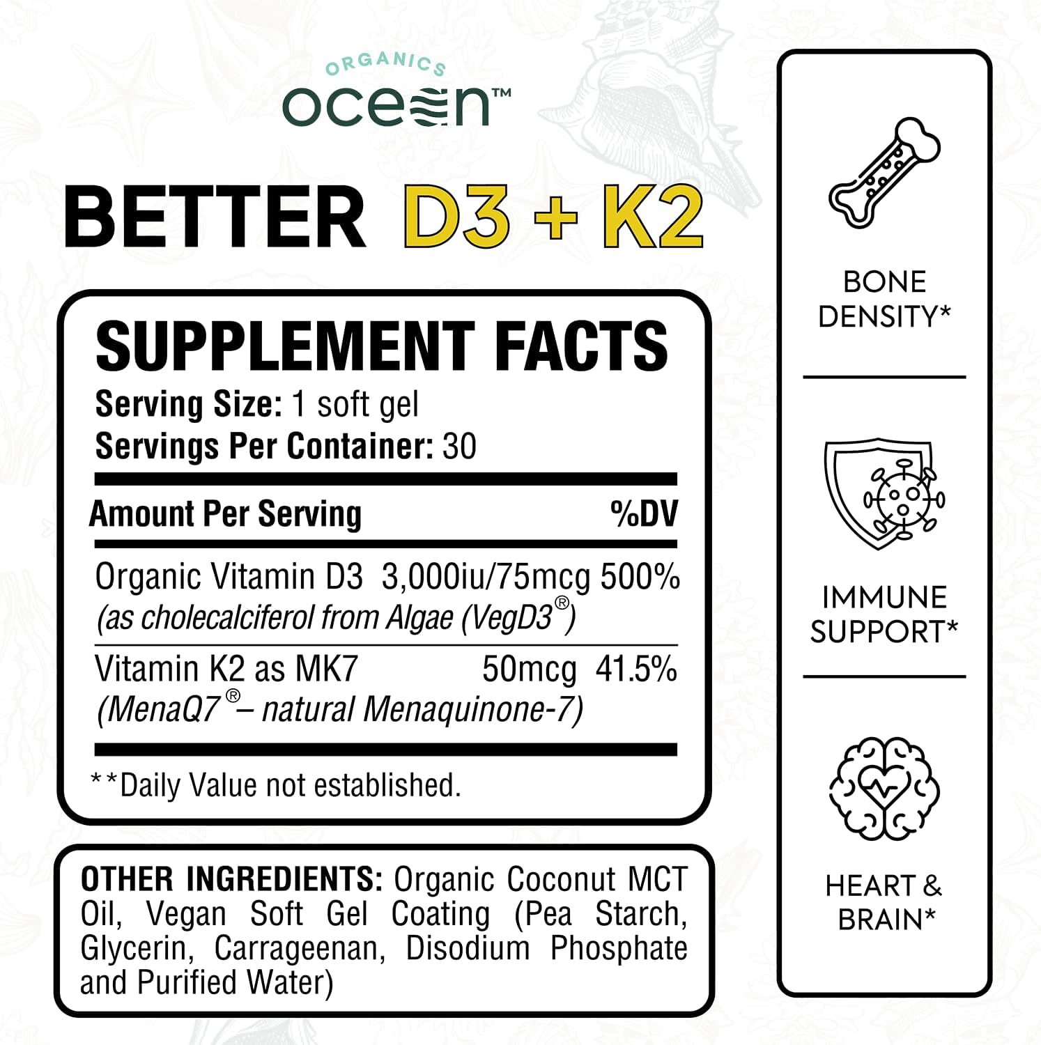 Organics Ocean Better D3 + K2-100% Organic VIT D3 and K2 Supplements with Maximum Bioavailability - Supports Bone Density, Calcium Balance, Immunity & Mood - 6-Pack, 180-Day Supply