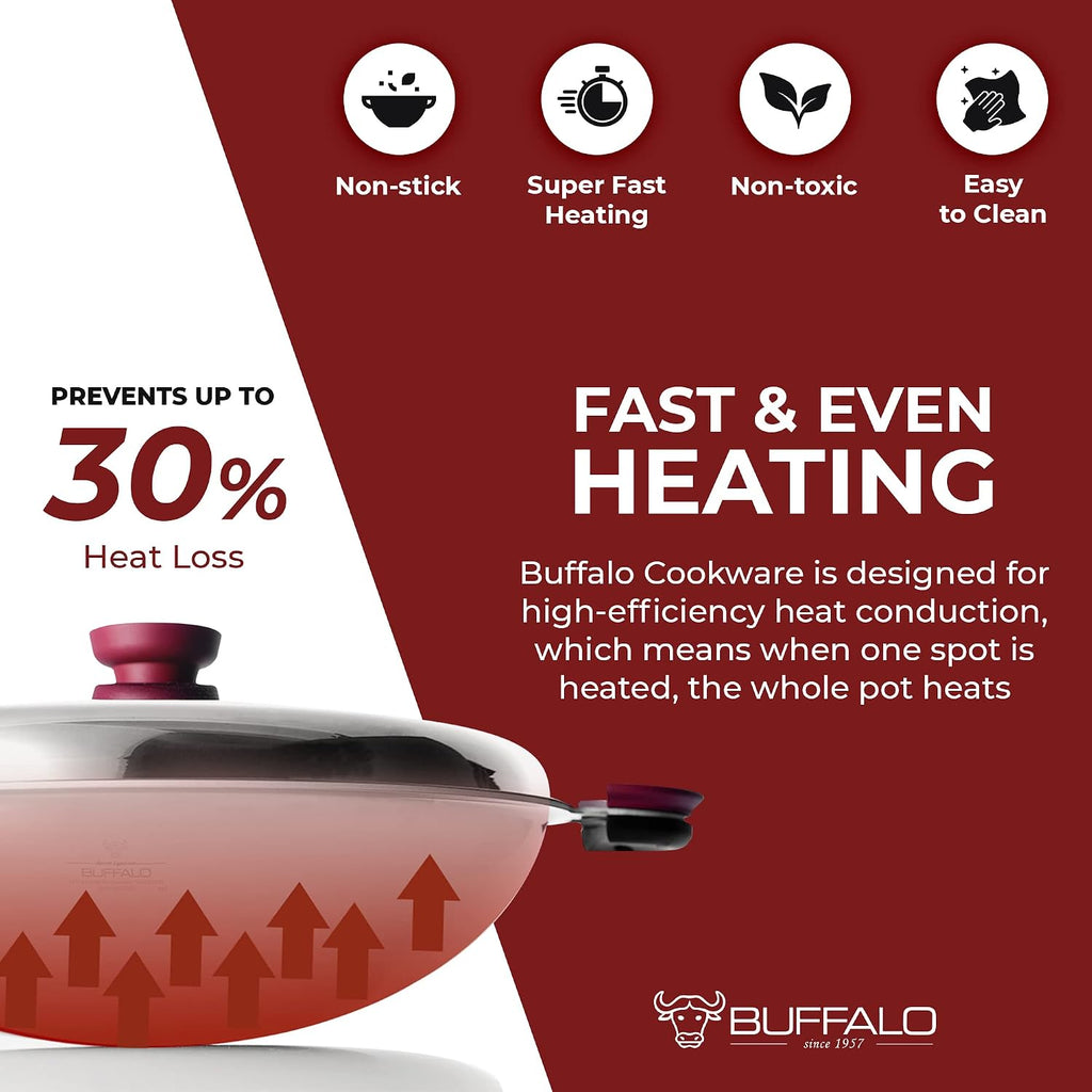 BUFFALO Clad Stainless Steel Wok Pan with Lid Flat Bottom 14 inch (35cm) Stir Frying Pan Tri-Ply Nonstick Cookware - Double Handle Cooking Pot for Induction/Electric/Gas Stoves