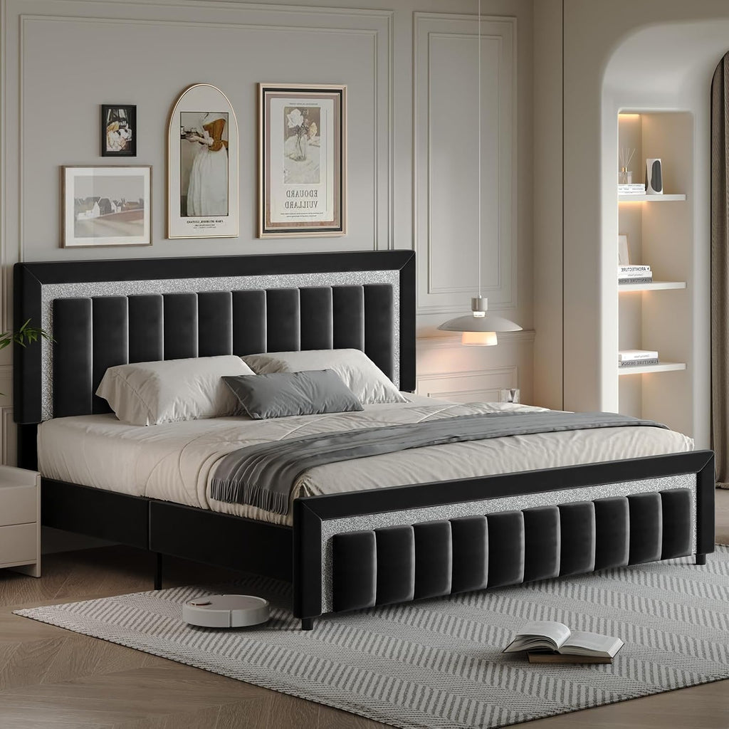 HOMBCK King Size Bed Frame with Headboard, Velvet Upholstered Bed with Diamond Design, Upholstered Platform Bed Frame with Wooden Slats Support, No Box Spring Needed, Easy Assembly, Black