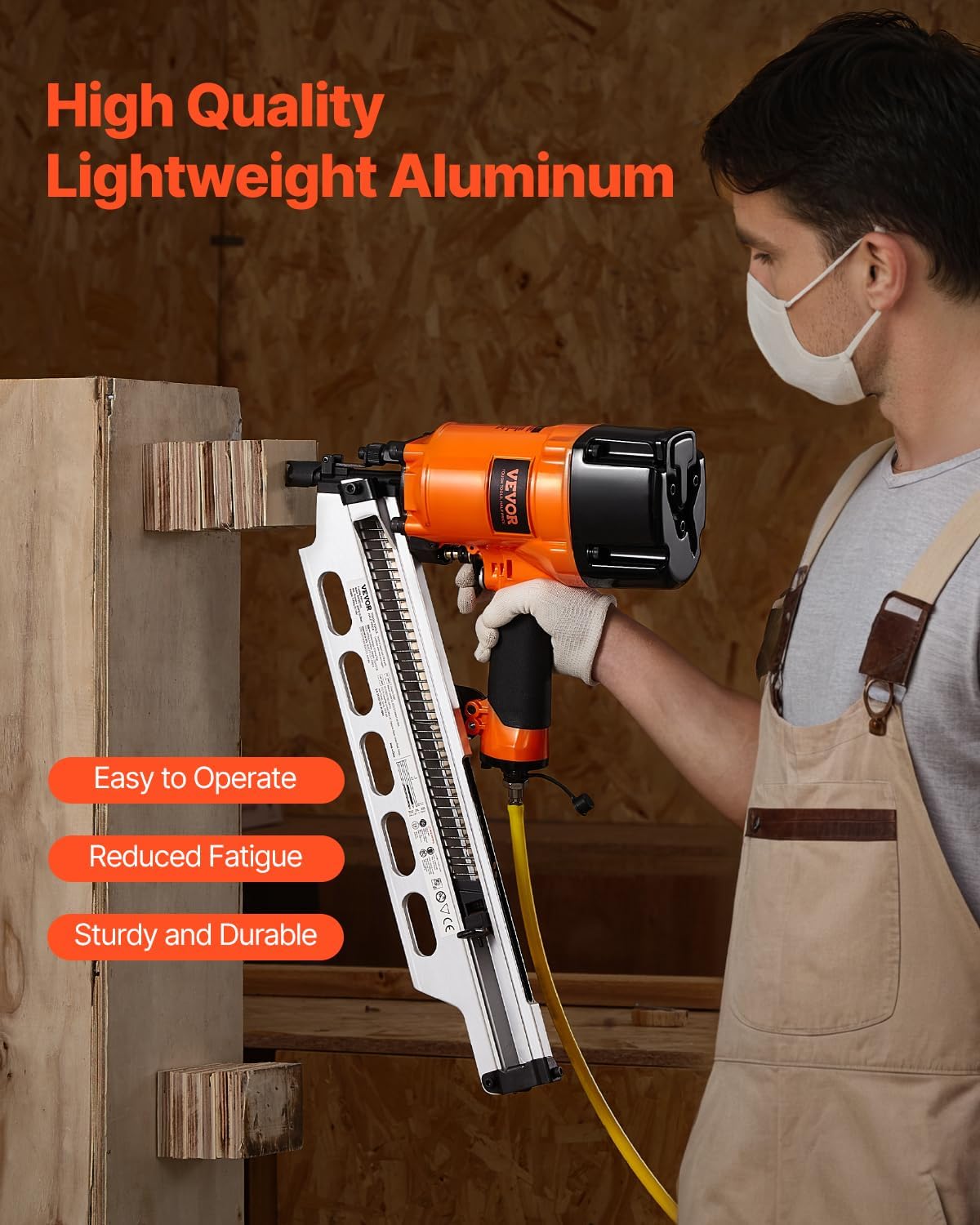 VEVOR Framing Nailer, 2' to 3-1/2' 21 Degree Full Round Head Pneumatic Framing Nailer with Dual Trigger Modes & Tool-Less Depth Adjustment, 80-120PSI Pro Air Nail Gun for Framing Flooring Decking
