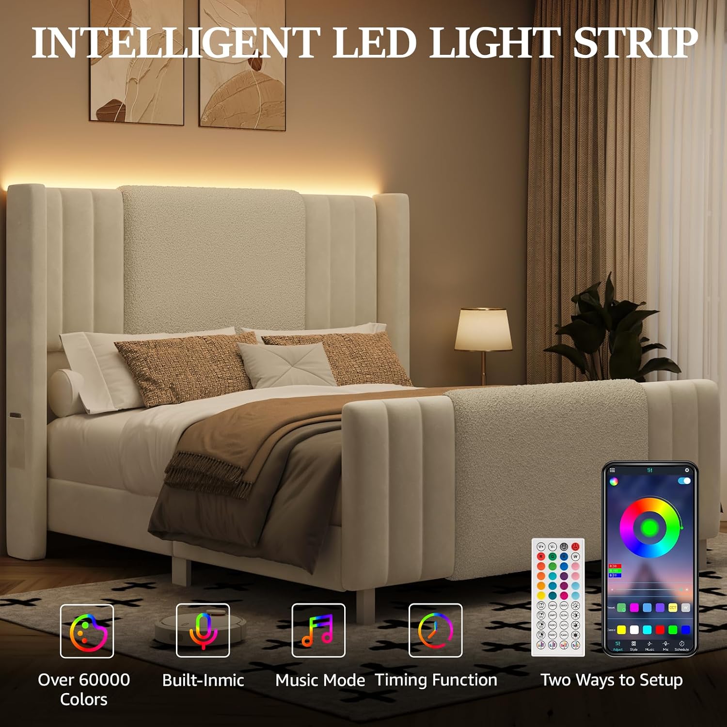 Lihimte King Size Bed Frame with Tall Headboard and Footboard, Boucle and Velvet Upholstered Bed Frame King with LED Lights, Modern Platform Bed Frames, Noiseless, Easy Assembly, White