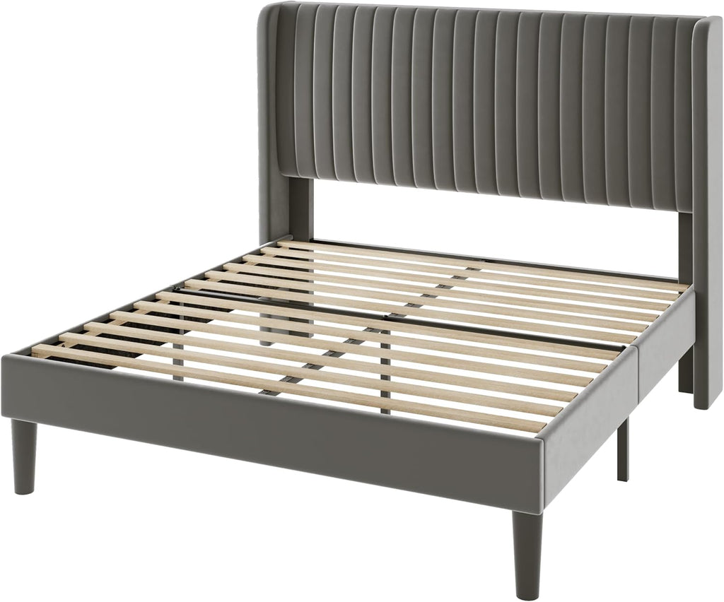 Allewie Queen Size Velvet Bed Frame/Vertical Channel Tufted Wingback Headboard/Upholstered Platform Bed/Strong Wooden Slats/No Box Spring Needed/Easy Assembly/Grey