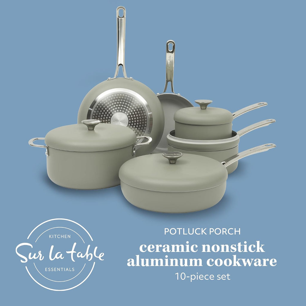 Sur La Table Kitchen Essentials Potluck Porch 10 Piece PFA Free Ceramic Non stick Interior Forged Aluminum Cookware Pots and Pans Set W/Aluminum Lids - Green - Induction Compatible