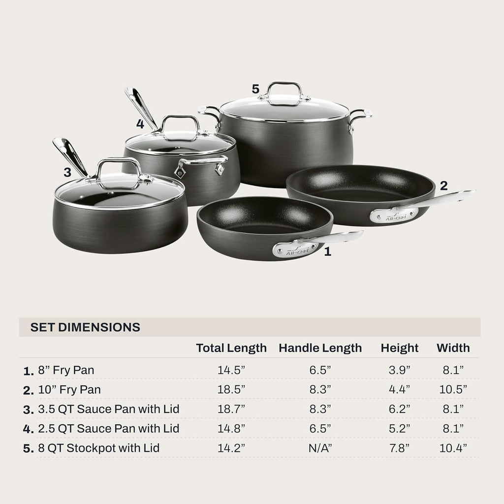 All-Clad HA1 Hard Anodized Nonstick (8-Piece) Pots and Pans Set Non Stick Cookware Sets, Oven Broiler Safe 500F, Black
