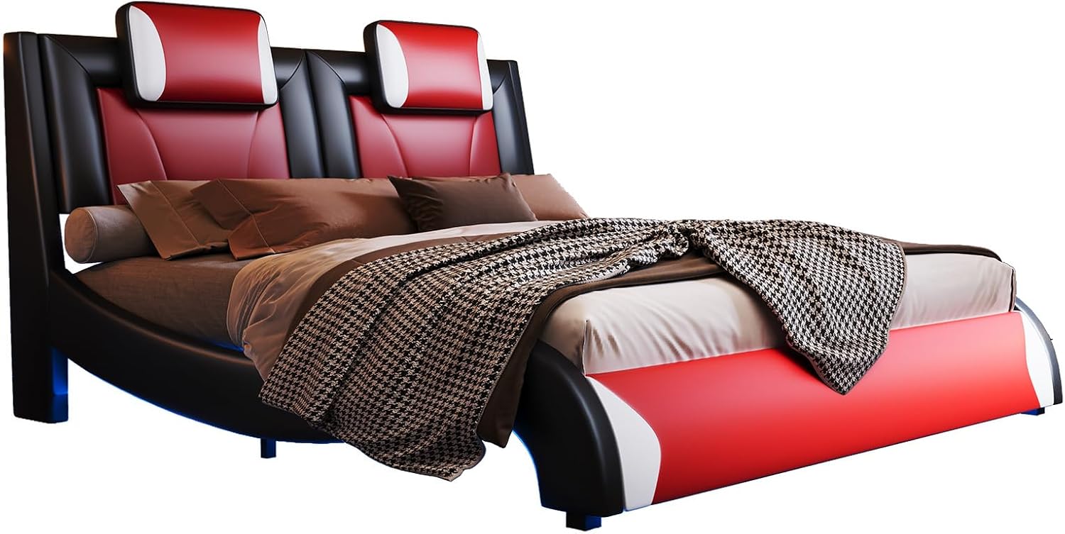 Jocisland LED Queen Bed Frame, Modern Faux Leather Upholstered Bed Frames with Headrest Headboard, Low Profile Beds with Wave-Like Curve Design, No Box Spring Needed, Easy Assembly, Red