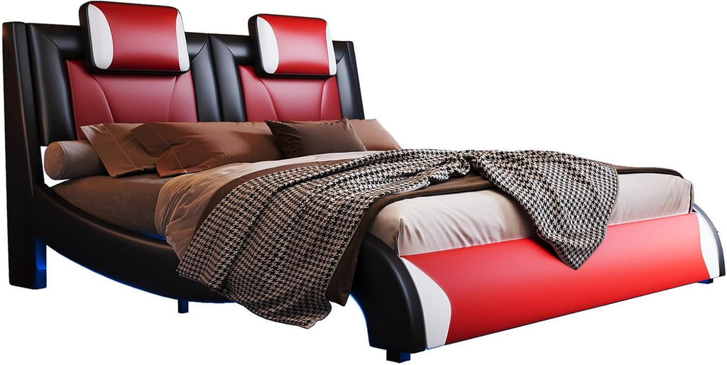 Jocisland LED Full Size Bed Frame, Modern Faux Leather Upholstered Platform Bed Frames with Headrest Headboard, Low Profile Beds with Wave-Like Curve Design, No Box Spring Needed, Easy Assembly, Red