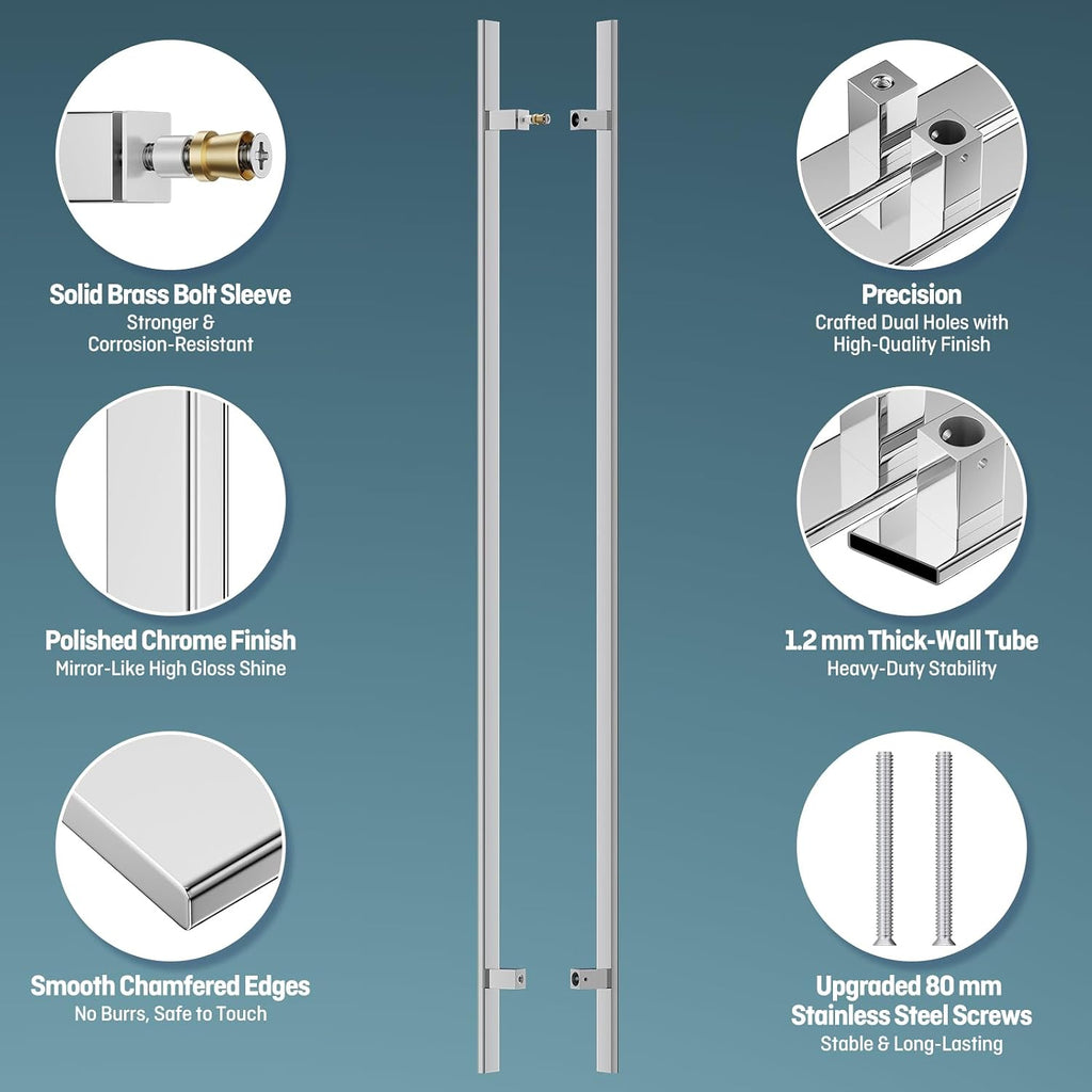 Ranbo H-Shaped 71' Large Push Pull Door Handle,Back to Back, 1500mm (59 1/16 inch) CTC, 1.2 mm Thick 304 Stainless Steel, Heavy Duty for Barn,Front,Entrance, Commercial,Glass Doors,Polished Chrome