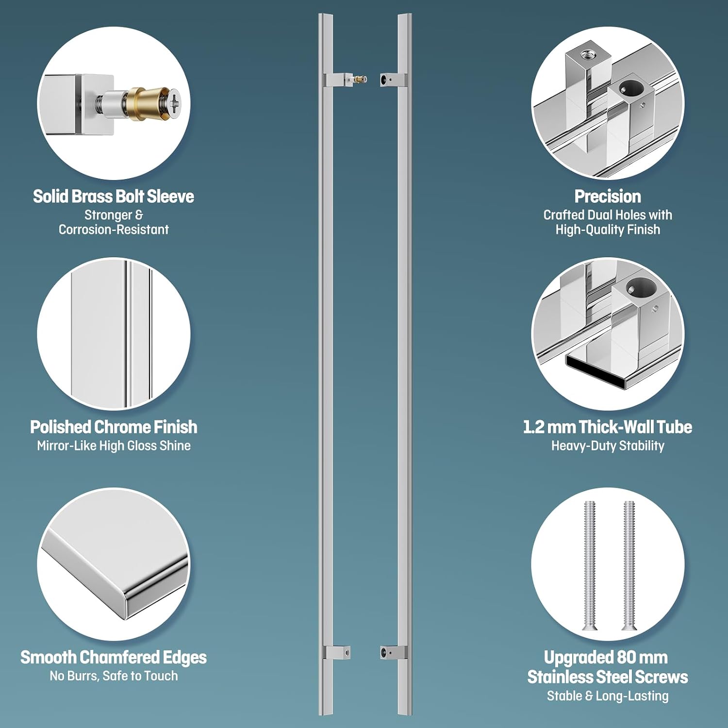 Ranbo H-Shaped 71' Large Push Pull Door Handle,Back to Back, 1500mm (59 1/16 inch) CTC, 1.2 mm Thick 304 Stainless Steel, Heavy Duty for Barn,Front,Entrance, Commercial,Glass Doors,Polished Chrome
