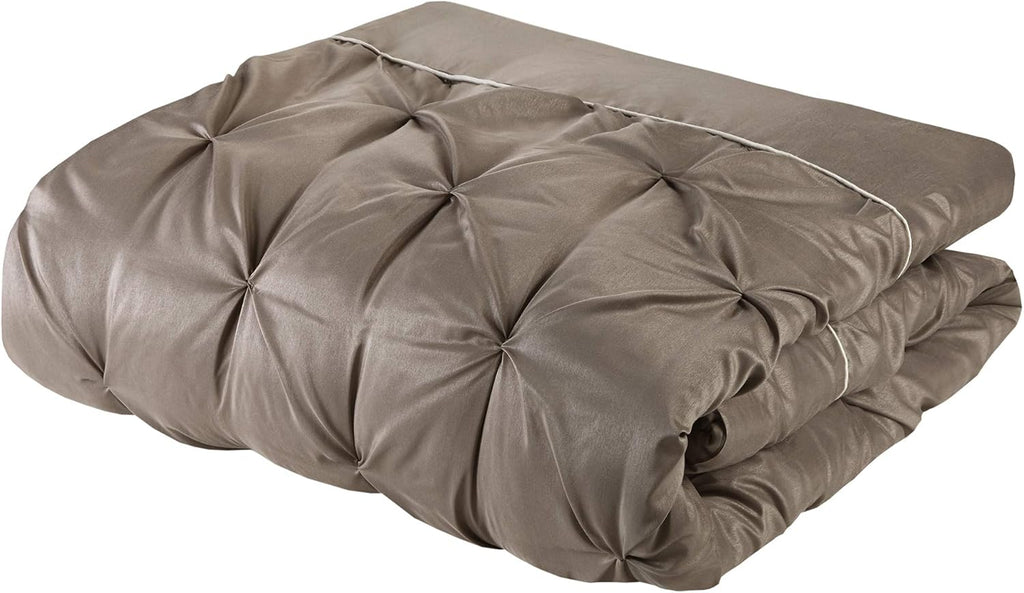 Madison Park Essentials Room in a Bag Faux Silk Comforter Set - Luxe Diamond Tufting All Season Bedding, Matching Curtains, Decorative Pillows, Taupe King(104'x92') 24 Piece