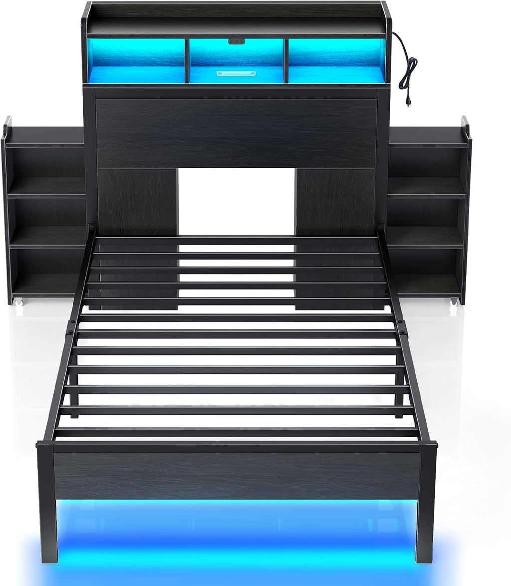 Rolanstar Twin Bed Frame with Bookcase Storage Headboard, Slide Out Bedside Storage, Bed with Charging Station & LED Lights, Heavy Duty Metal Slats, No Box Spring Needed, Noise Free, Black
