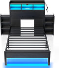 Rolanstar Twin Bed Frame with Bookcase Storage Headboard, Slide Out Bedside Storage, Bed with Charging Station & LED Lights, Heavy Duty Metal Slats, No Box Spring Needed, Noise Free, Black