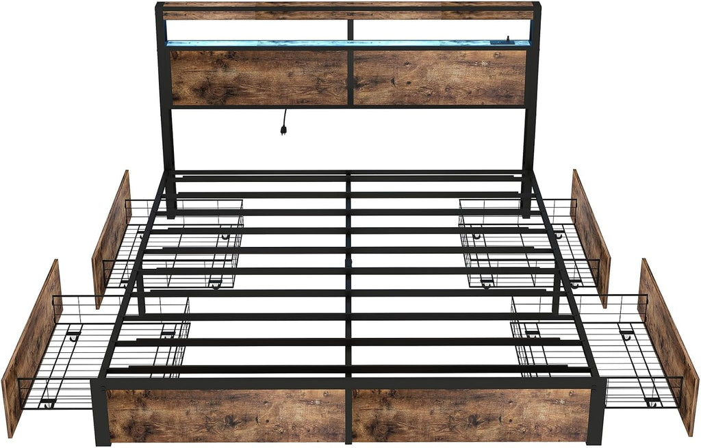 SADENICEL King Bed Frame with Storage Headboard and 4 Drawers, Metal Platform Bed Frame with LED Light, Charging Station, No Box Spring Needed, Noise Free, Easy Assembly, Vintage Brown