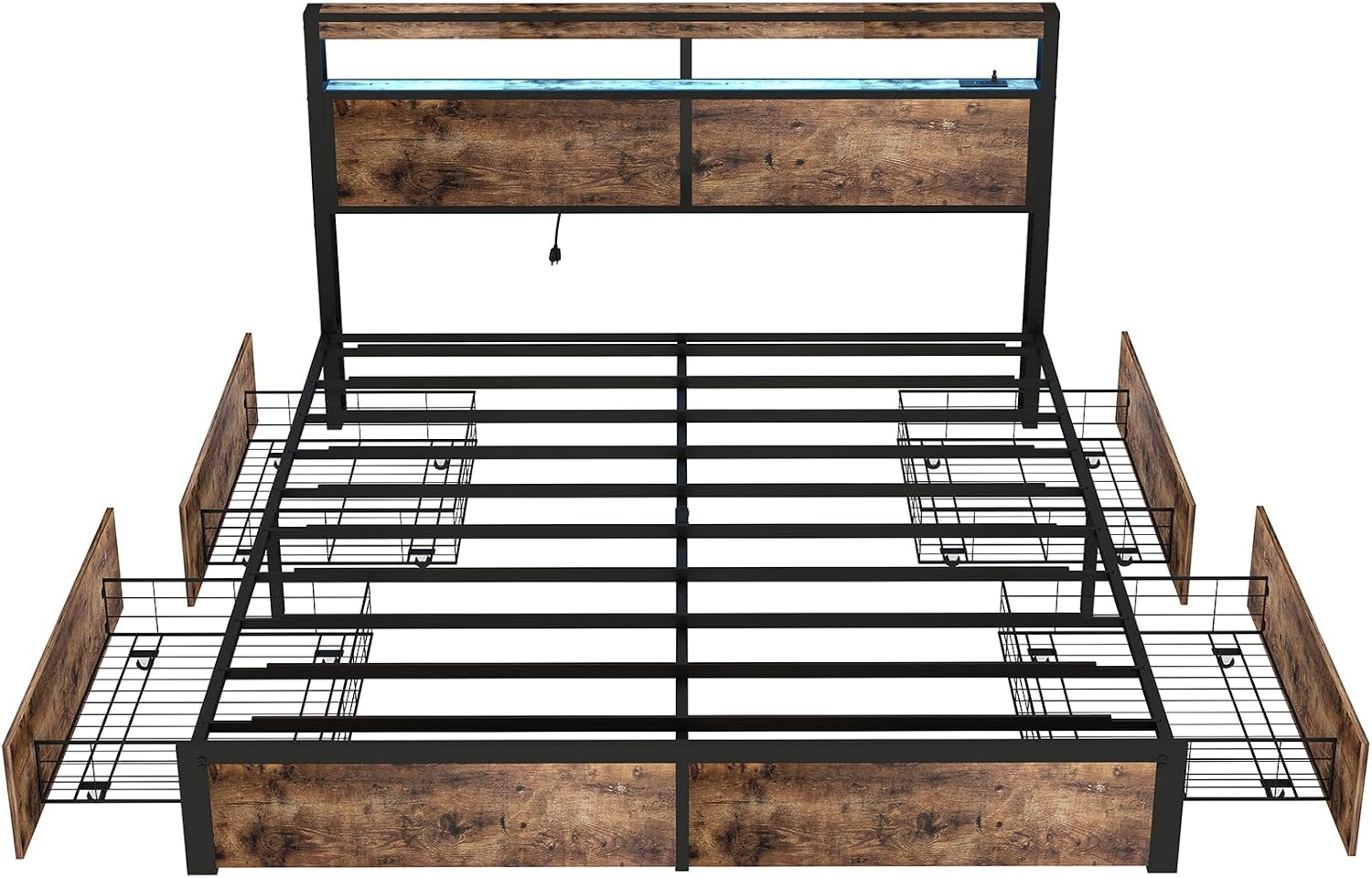 SADENICEL King Bed Frame with Storage Headboard and 4 Drawers, Metal Platform Bed Frame with LED Light, Charging Station, No Box Spring Needed, Noise Free, Easy Assembly, Vintage Brown