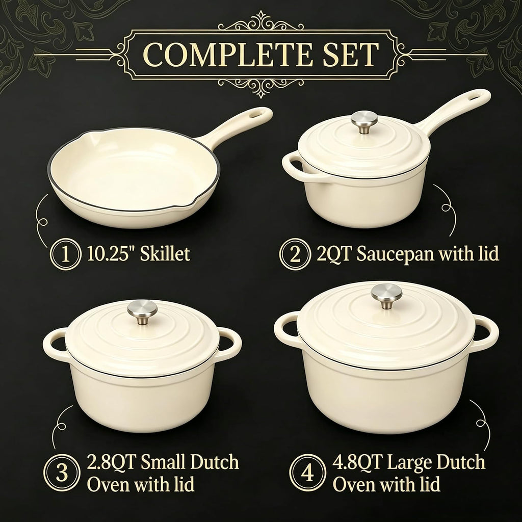 QuliMetal Enameled Cast Iron Cookware Set, 4-Piece Pots and Pans Set with Lids, 10.25' Skillet, 2QT Saucepan, 2.8QT & 4.8QT Dutch Ovens, Oven Safe to 500°F, All Stovetops Compatible - Cream White
