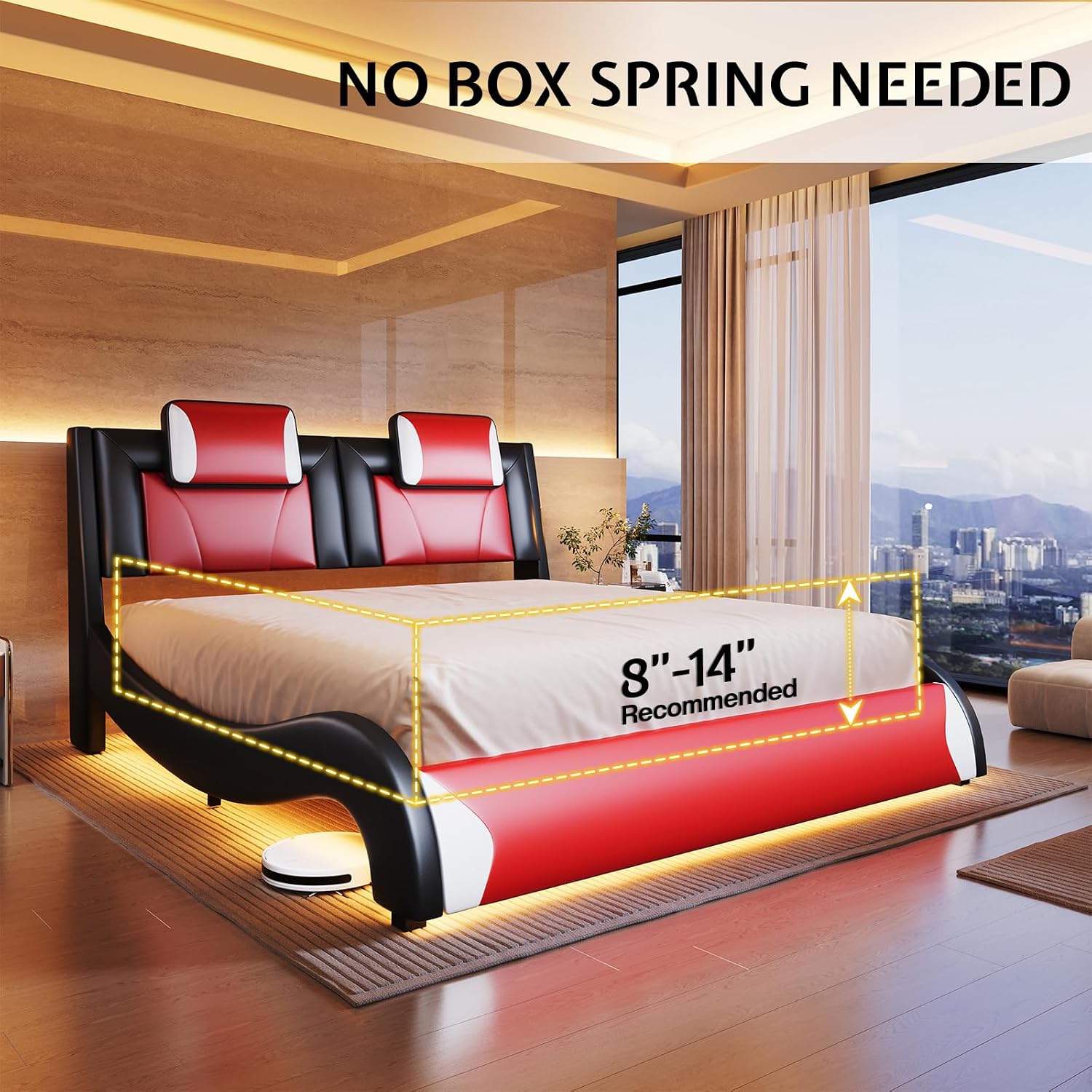 Jocisland LED Full Size Bed Frame, Modern Faux Leather Upholstered Platform Bed Frames with Headrest Headboard, Low Profile Beds with Wave-Like Curve Design, No Box Spring Needed, Easy Assembly, Red