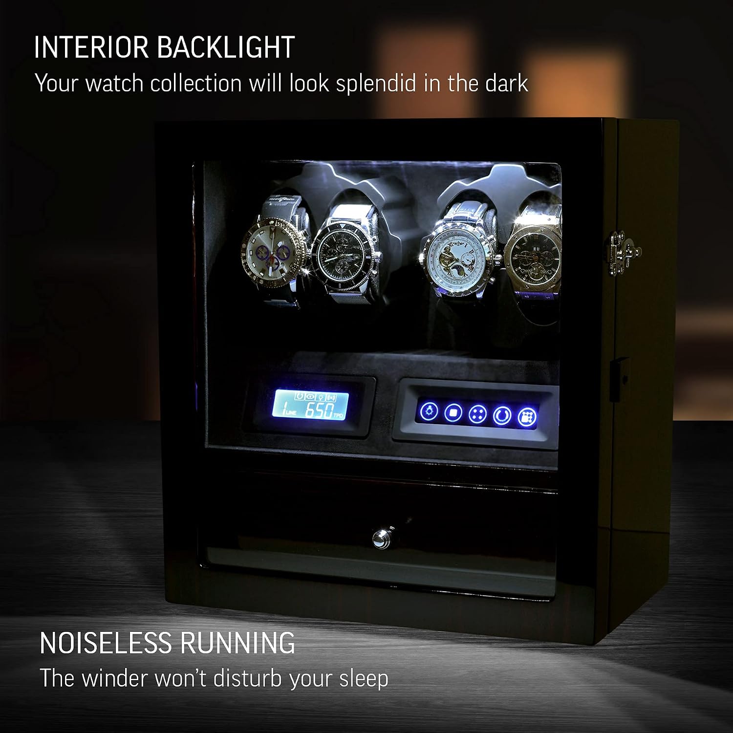 4 Watch Winder with 5 Watch Storage Space, LCD Display, Touch Control and Interior Light