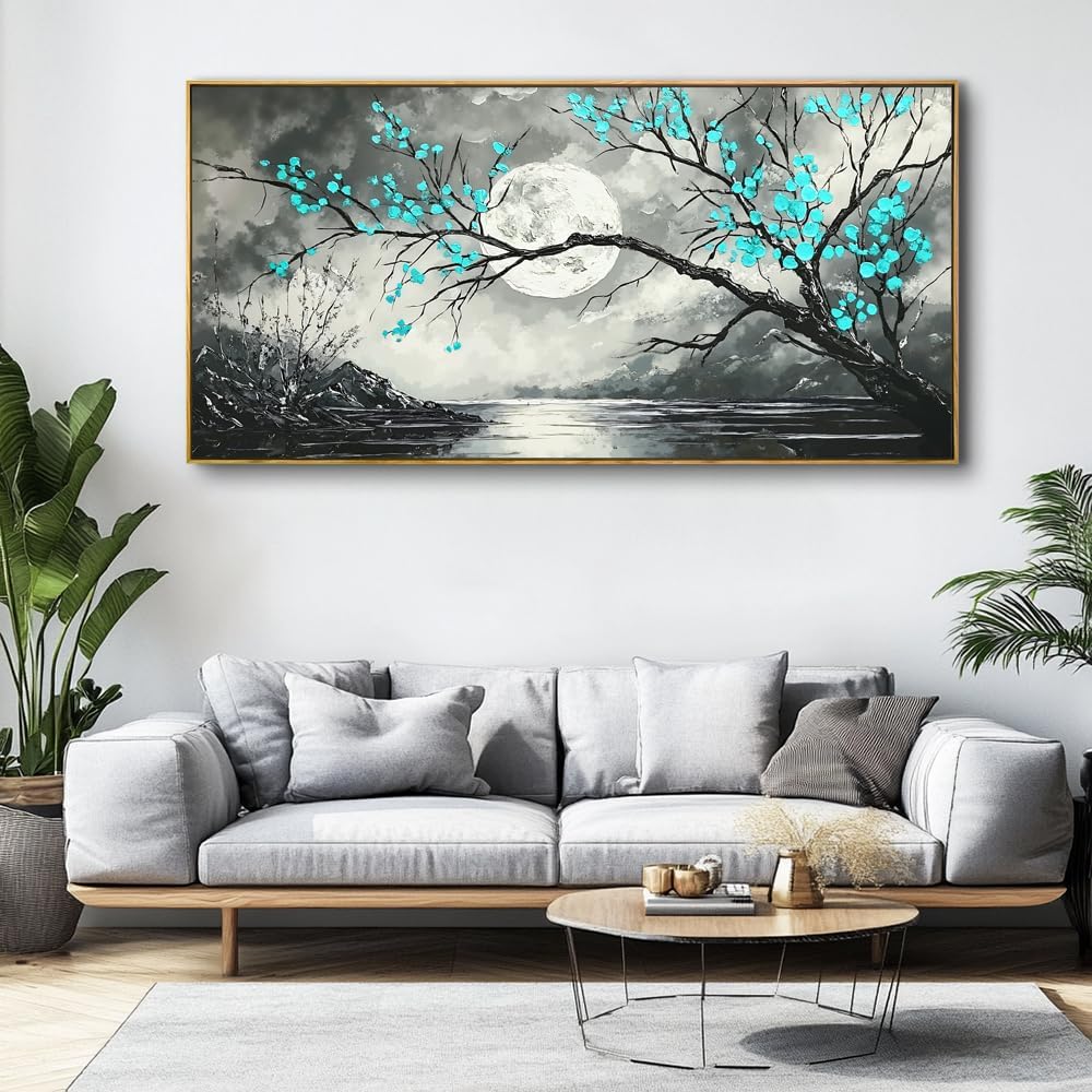 Abstract Moon Landscape Wall Art - Large Framed Canvas Painting for Living Room, Bedroom, Modern Artwork Decor - 60x30 Inch Ready-to-Hang