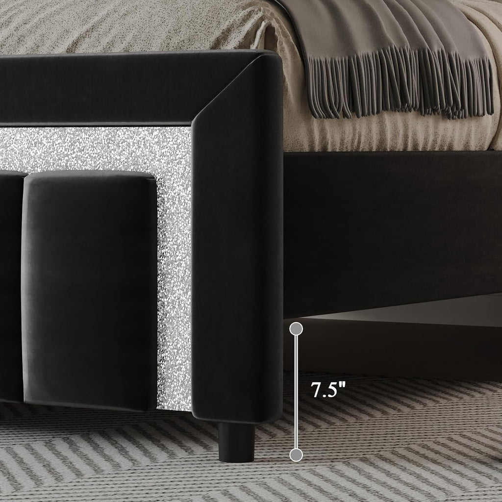 HOMBCK King Size Bed Frame with Headboard, Velvet Upholstered Bed with Diamond Design, Upholstered Platform Bed Frame with Wooden Slats Support, No Box Spring Needed, Easy Assembly, Black