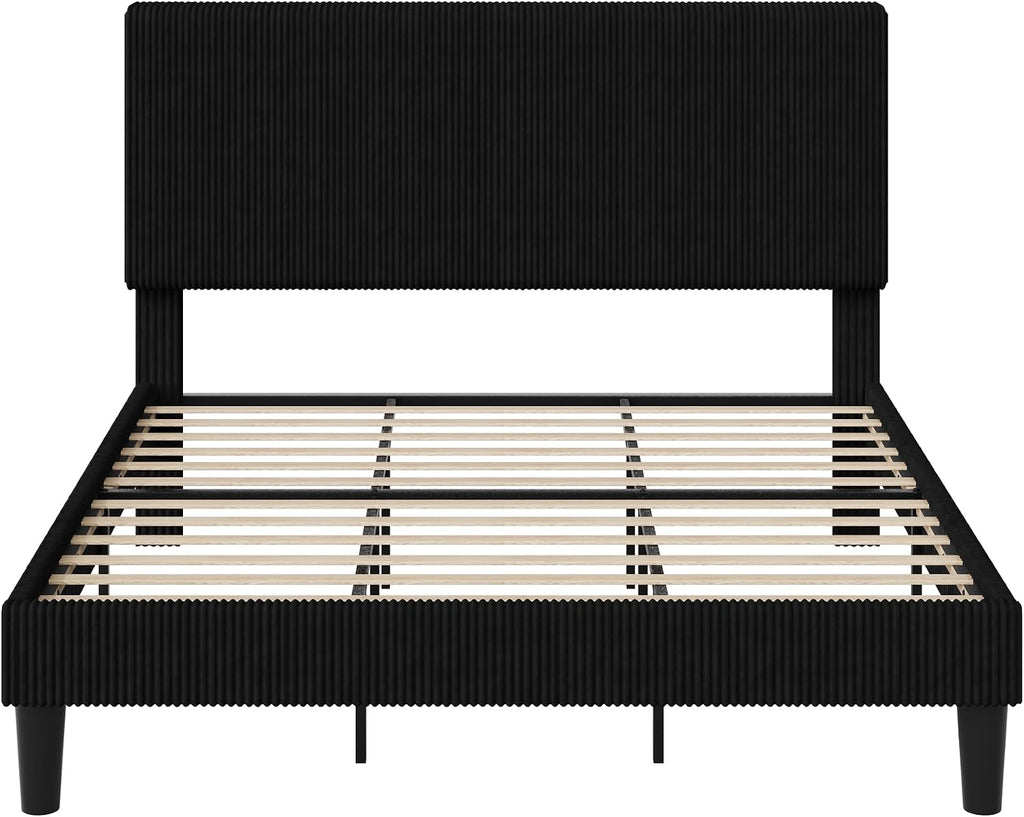 Allewie King Size Upholstered Bed Frame with Vertical Channel Tufted Headboard, Soft Corduroy Fabric Platform Bed, Strong Wooden Slats Support, Easy Assembly, No Box Spring Needed, Black