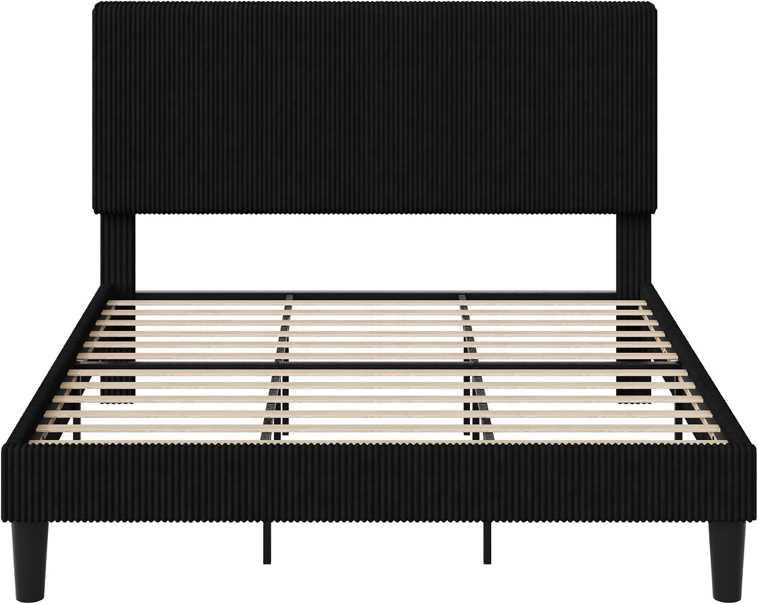 Allewie King Size Upholstered Bed Frame with Vertical Channel Tufted Headboard, Soft Corduroy Fabric Platform Bed, Strong Wooden Slats Support, Easy Assembly, No Box Spring Needed, Black