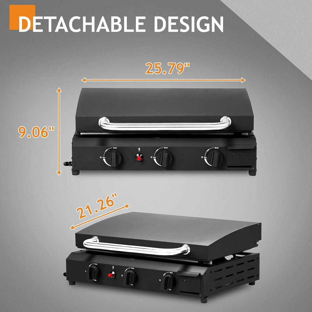 Portable 3-Burner Flat Top Gas Griddle, Cooking Station with Ceramic Coated Cast Iron Pan, 30000 BTU Propane Tabletop Griddle for Outdoor Barbecue, Grilling