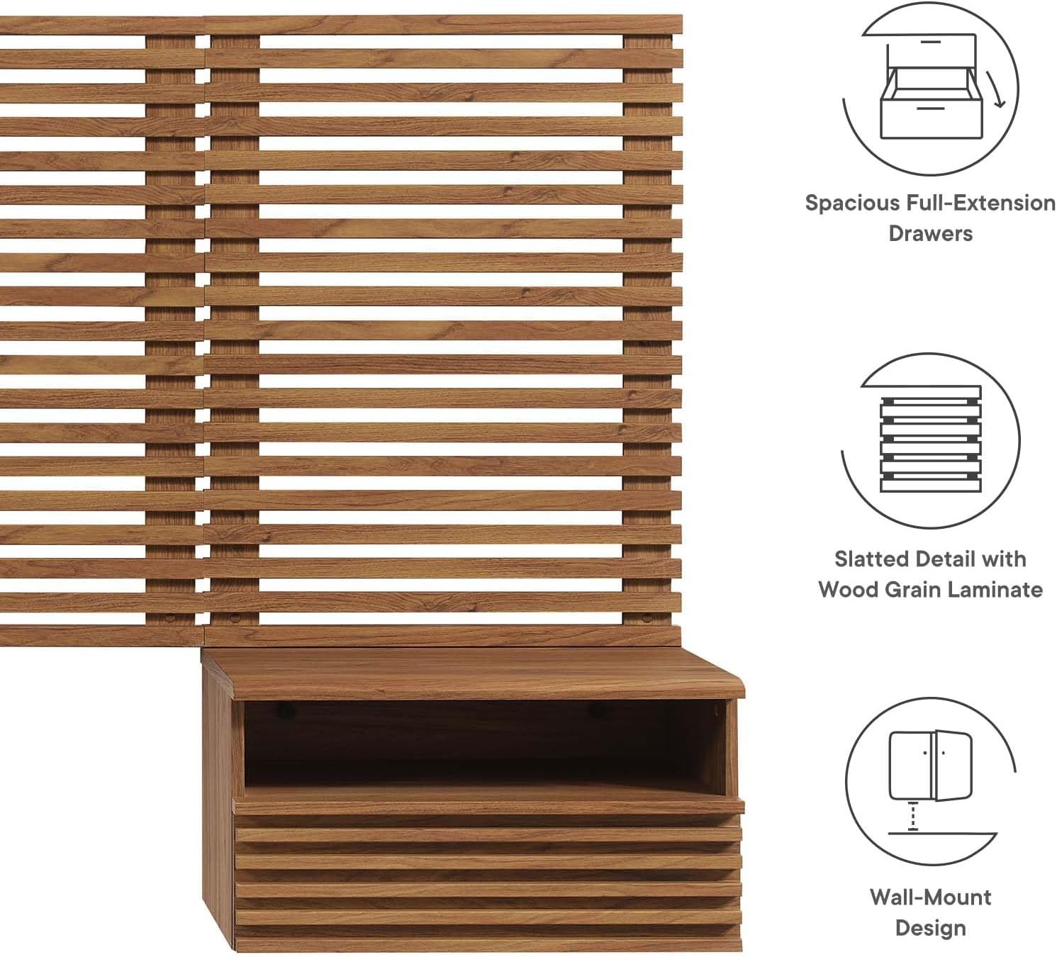 Modway Render Wall-Mount Headboard and Modern Nightstands Bedroom Set, Twin, Walnut