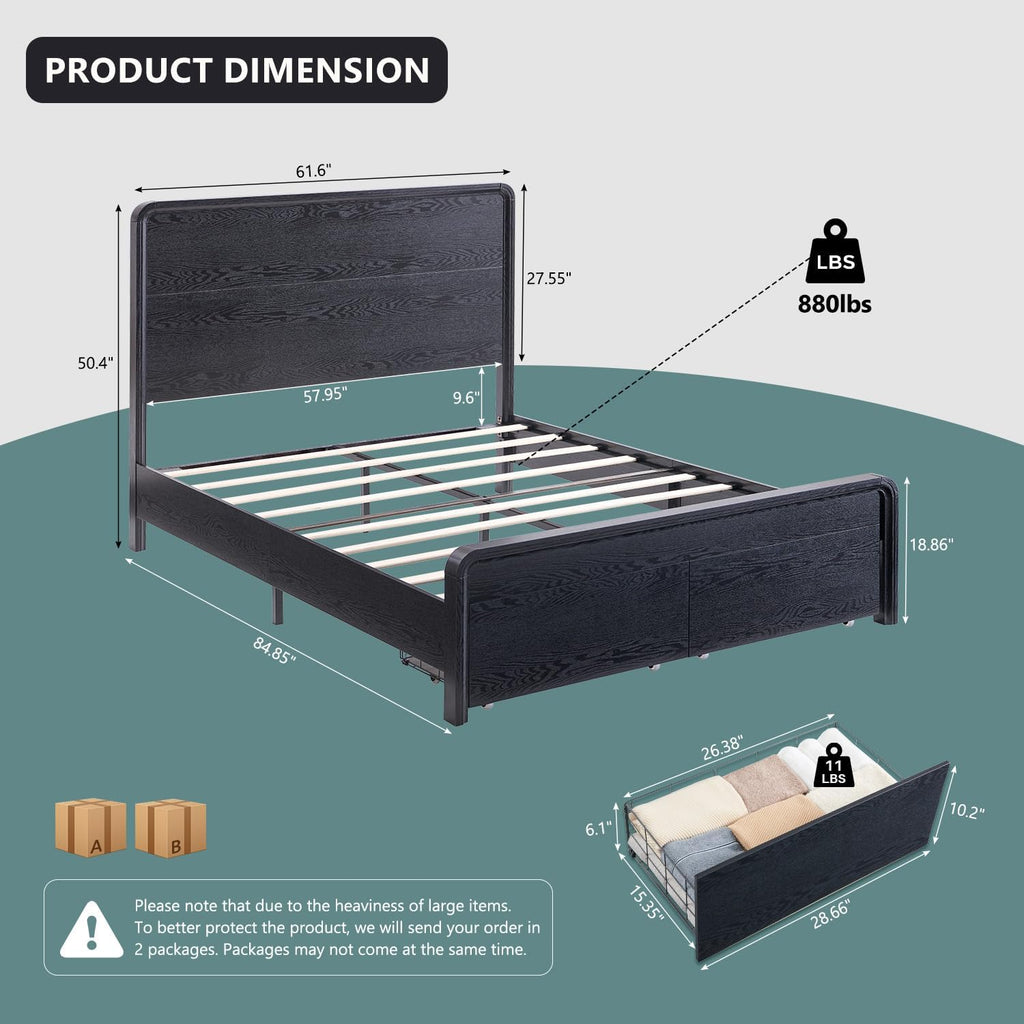 Aitjunz Modern Queen Size Bed Frame with 50' Tall Headboard, Wood Queen Size Platform Bed Frame w/3 Storage Drawers, Curved Profile Design, Wood & Steel Platform Bed, No Box Spring Needed, Black