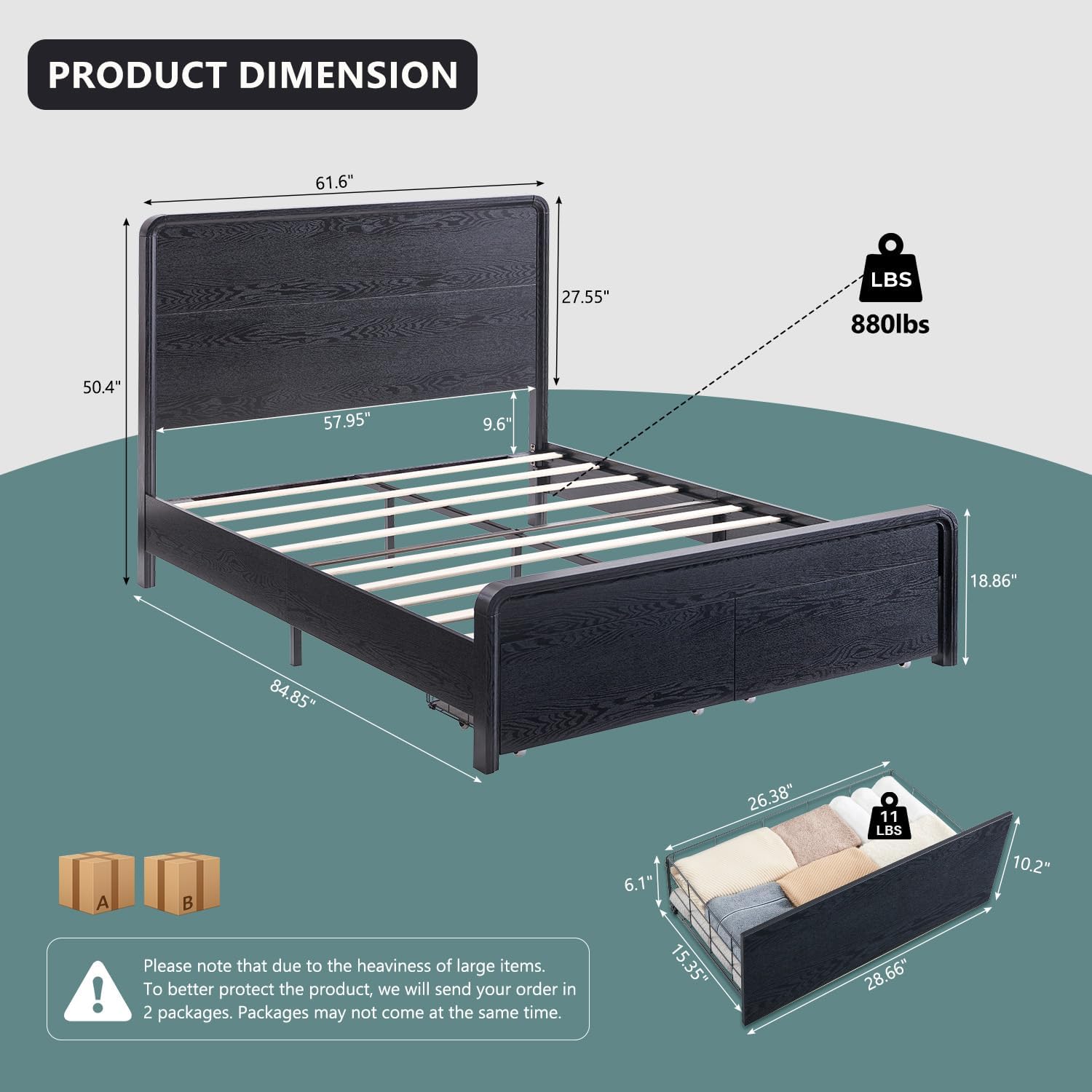 Aitjunz Modern Queen Size Bed Frame with 50' Tall Headboard, Wood Queen Size Platform Bed Frame w/3 Storage Drawers, Curved Profile Design, Wood & Steel Platform Bed, No Box Spring Needed, Black
