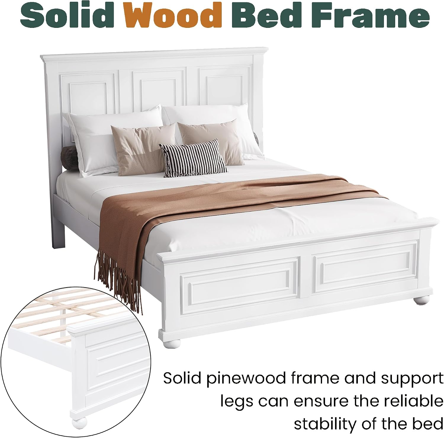 Wood Bed Frame Queen with Tall Headboard & Footboard, Traditional Queen Panel Bed with USB Charging Station for Bedroom, Guest Room, Easy Assembly, No Box Spring Required,White