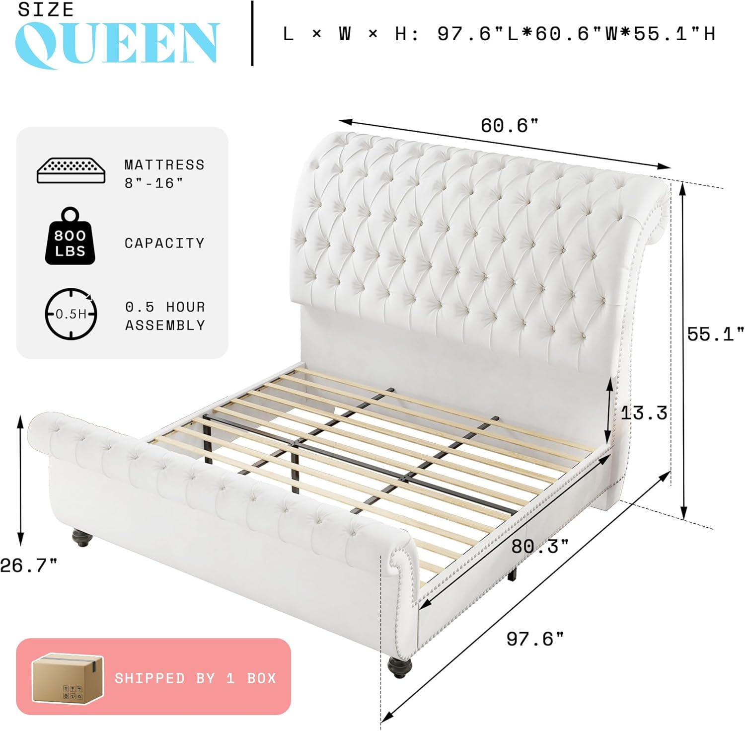 AMERLIFE 55' Tall Sleigh Bed Frame with Scroll Headboard & Footboard, Velvet Upholstered Platform Bed with Deep Button Tufted, Solid Wood Legs, No Box Spring Needed, White, Queen
