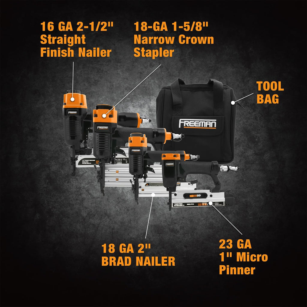Freeman P4FNCB Pneumatic Finishing Nailer and Stapler Kit with Bag and Fasteners (4-Piece)