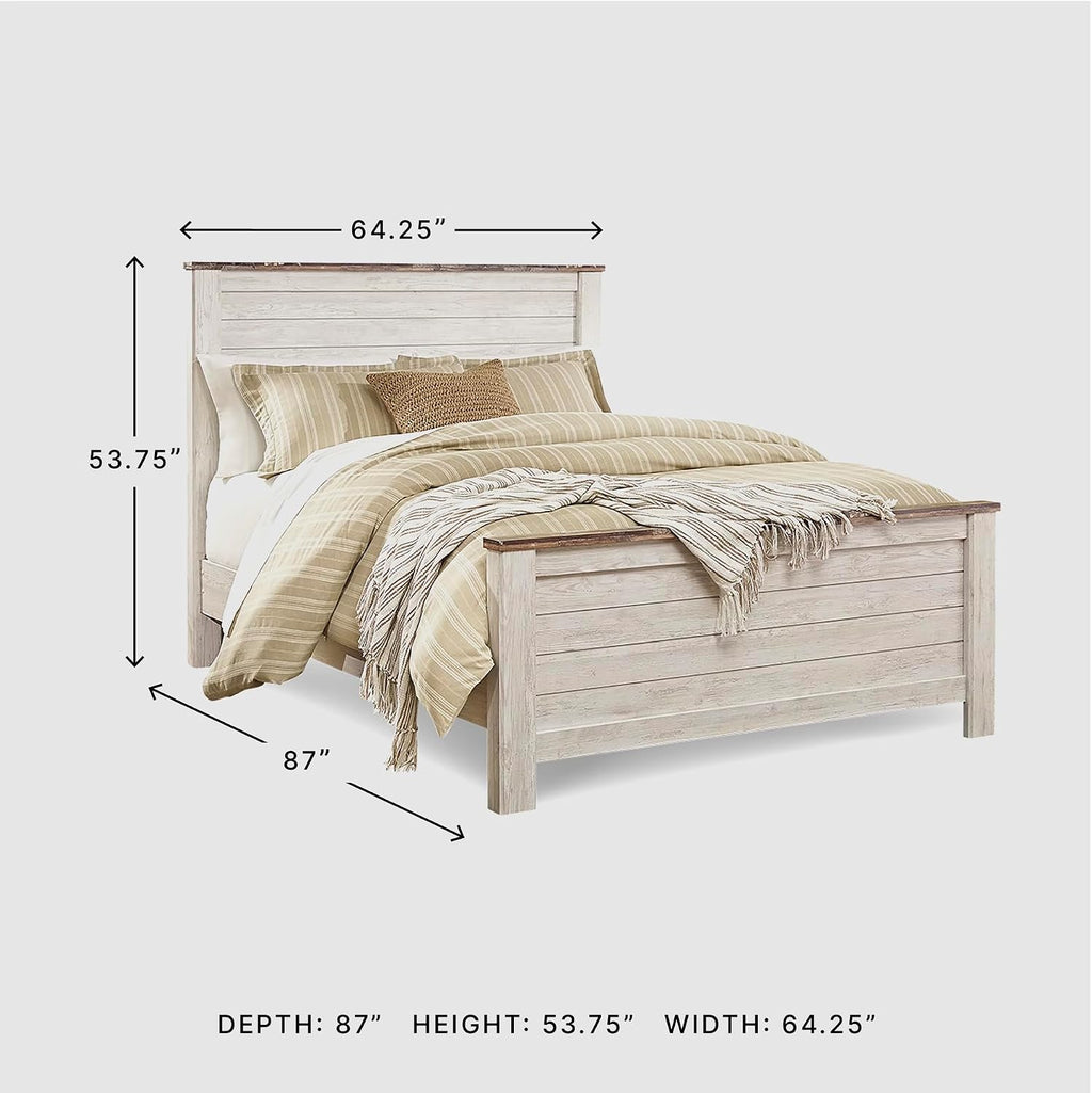 Signature Design by Ashley Willowton Shabby Chic Queen Panel Bed with Metal Slats, Foundation or Box Spring Needed, Whitewash