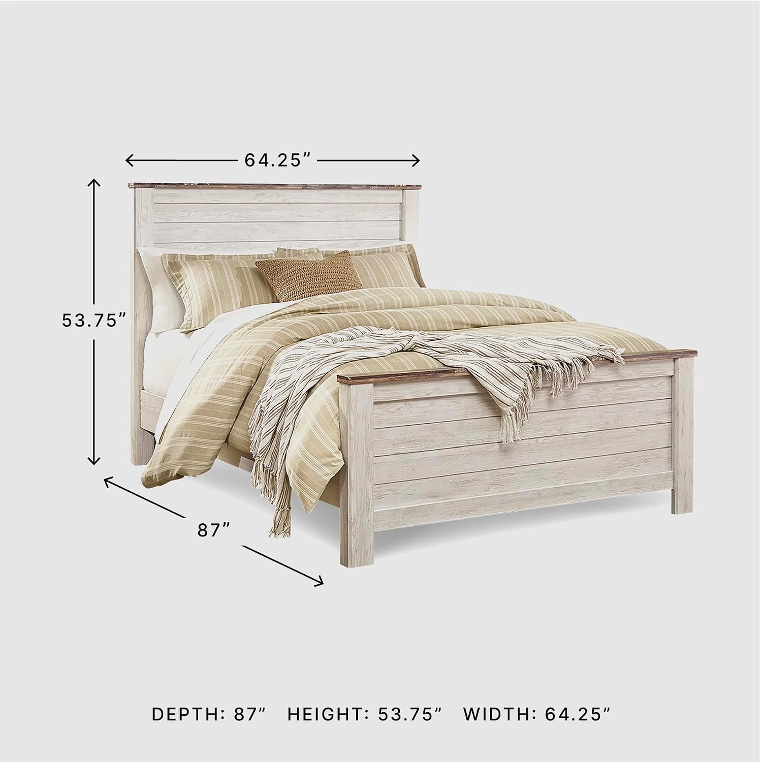Signature Design by Ashley Willowton Shabby Chic Queen Panel Bed with Metal Slats, Foundation or Box Spring Needed, Whitewash