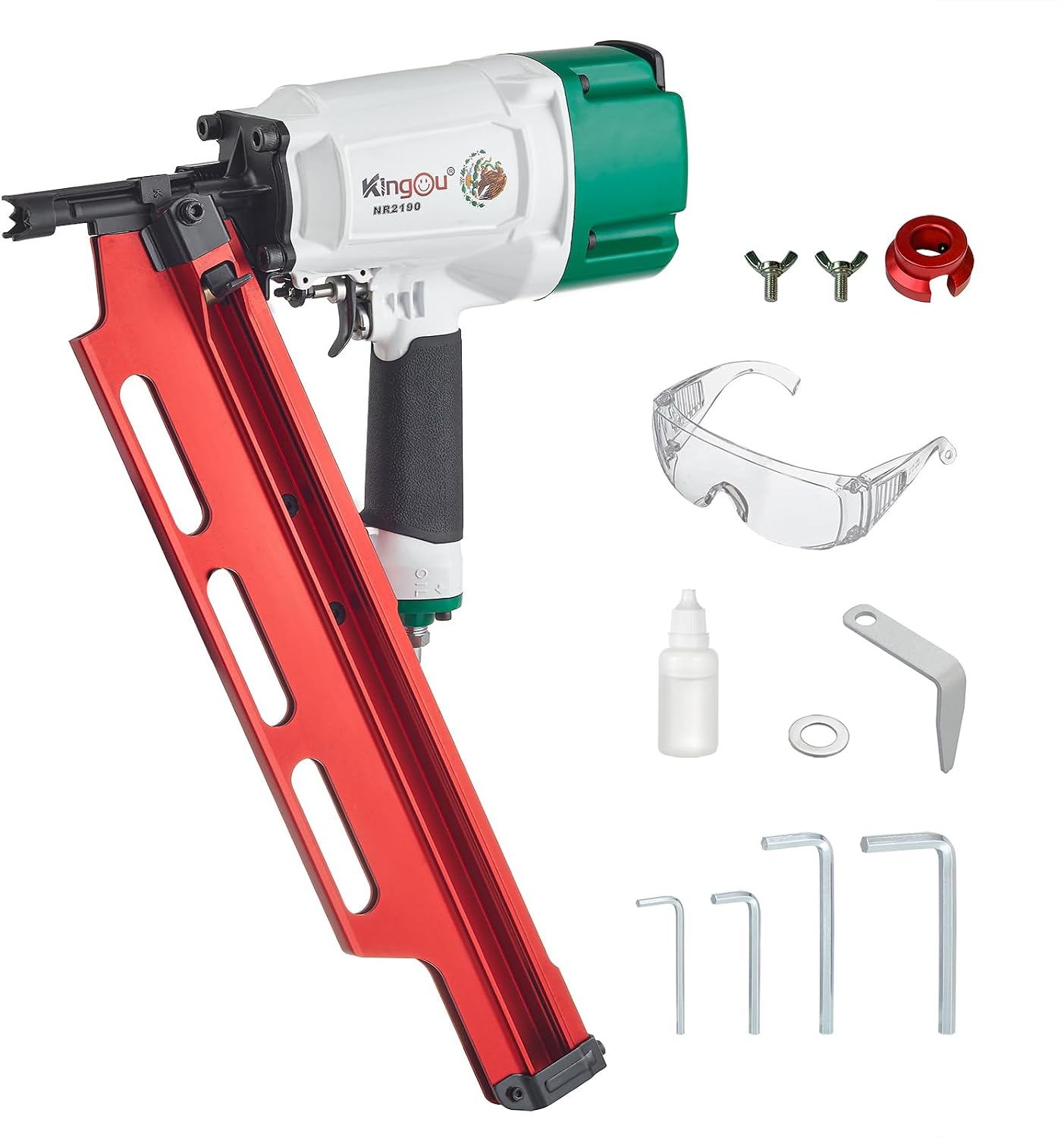 KingOu Mexican Style NR2190 21 Degree Plastic Strip Framing Nailer Aluminum Magazine Framing Nail Gun Covers NR83A2 Pistola De Framing All Function