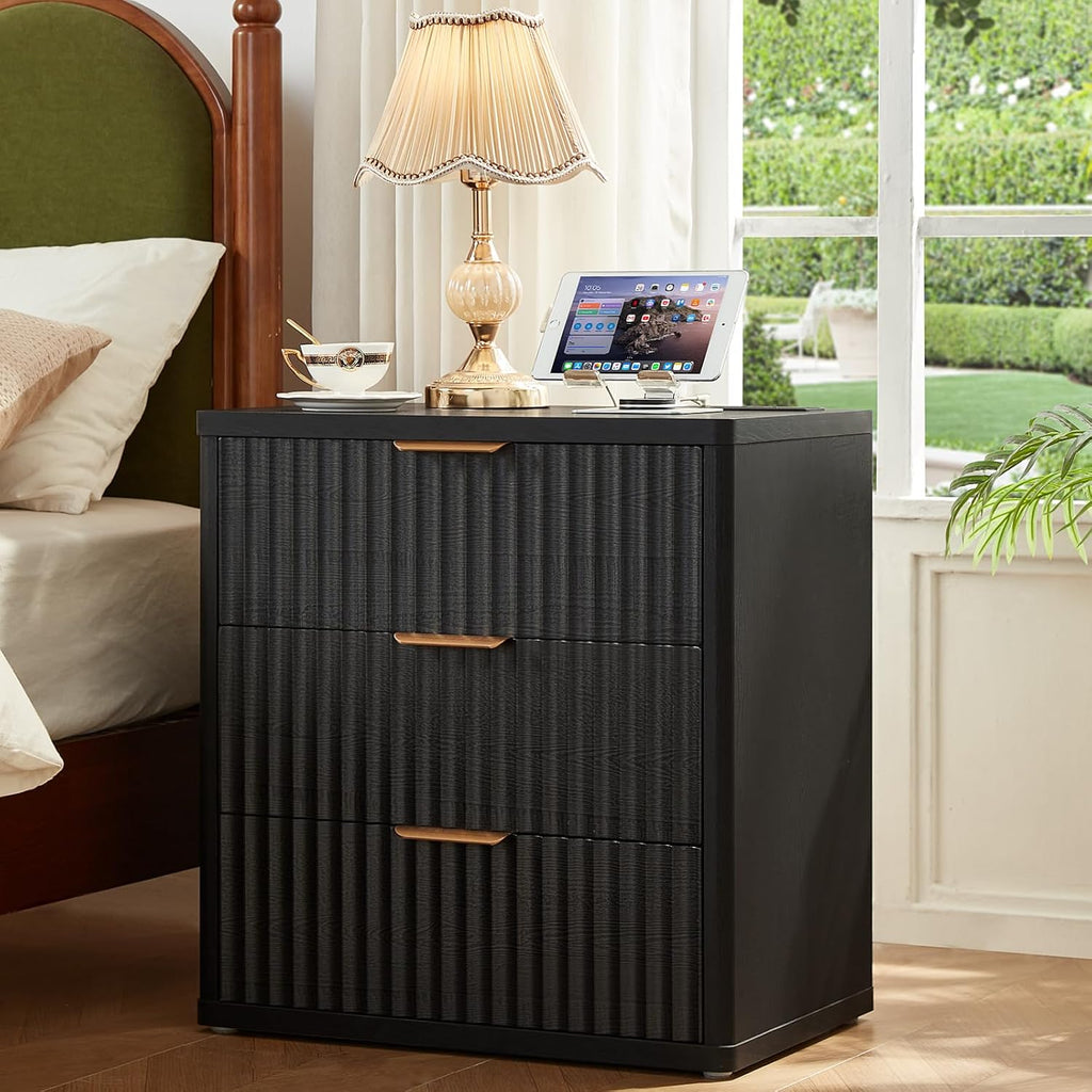 LEYAOYAO Fluted Dressers & Nightstand Set of 4, Wood 48' Wide Dresser & 42' Tall Chest of Drawers,Modern Bedroom Furniture Sets, Black Wooden Nightstand Set of 2 with 3 Drawers & Charging Station