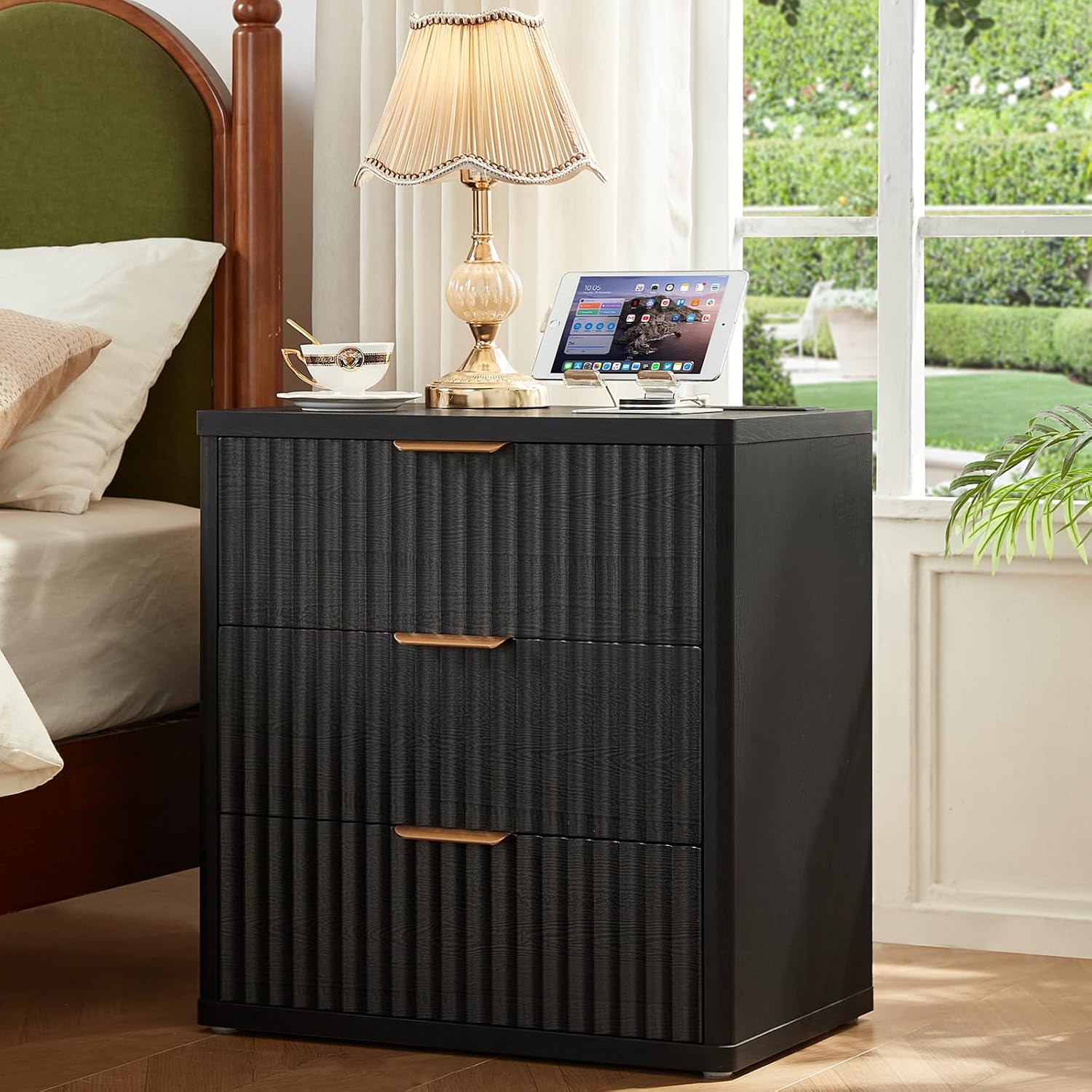 LEYAOYAO Fluted Dressers & Nightstand Set of 4, Wood 48' Wide Dresser & 42' Tall Chest of Drawers,Modern Bedroom Furniture Sets, Black Wooden Nightstand Set of 2 with 3 Drawers & Charging Station